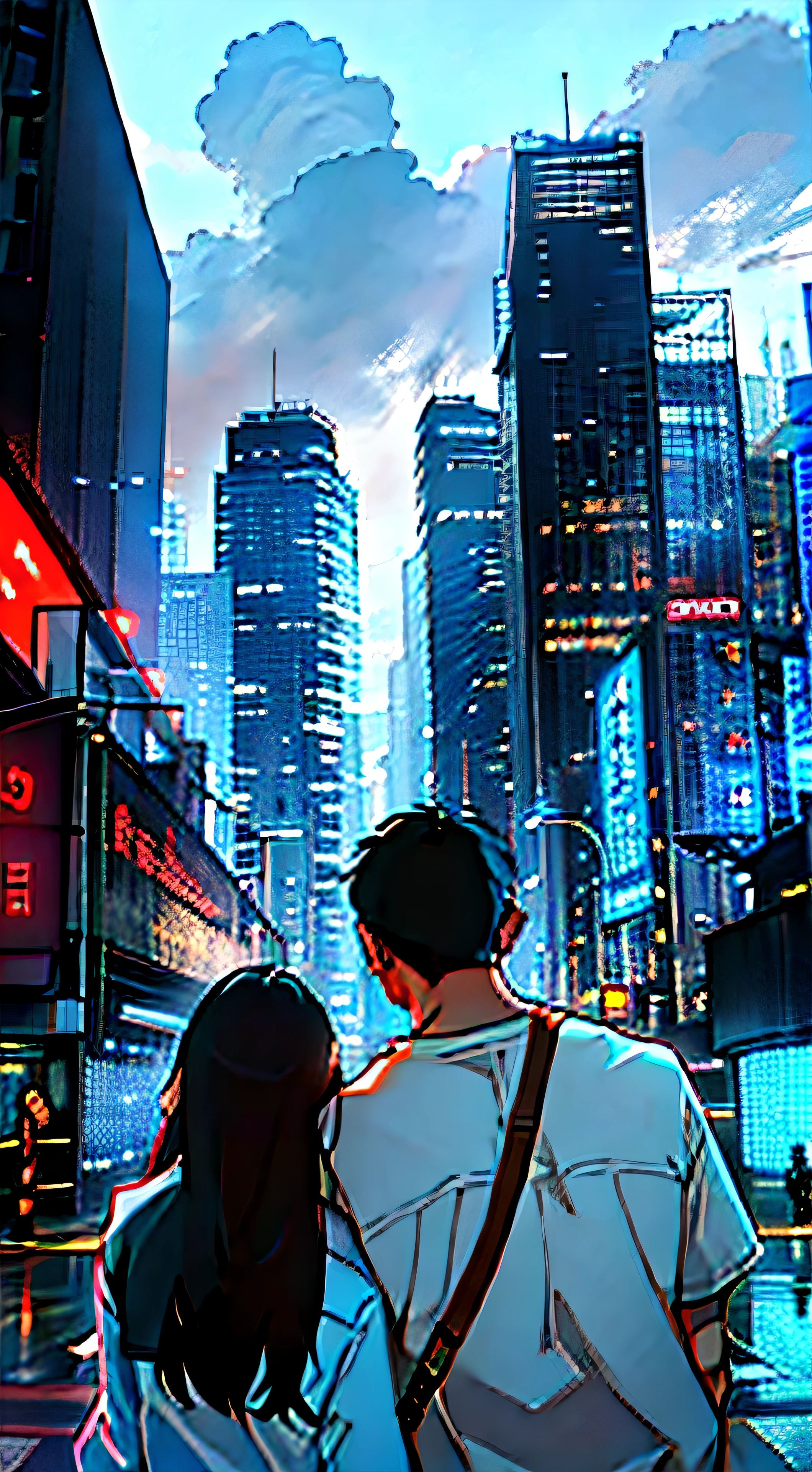 There were two people standing in the street looking at the city, wandering in the city, zmonzheng, In the middle of the city, Skyscrapers in the background, inspired by Cheng Jiasui, couple, with the city as the background, In a city, f / 1. 9 6. 8 1 mm ISO 4 0