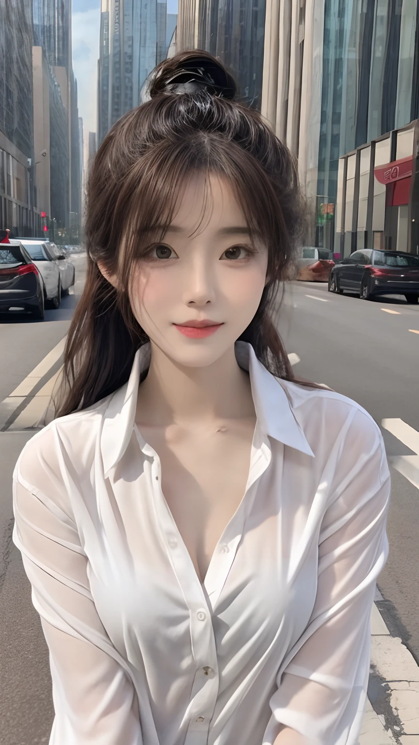 Beutiful women，In the middle of the street，Open white shirt，No buttons