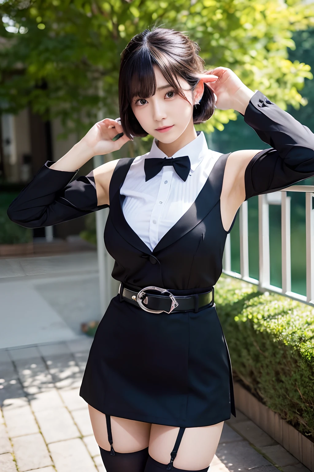 (masutepiece:1.2),High quality,vivd colour,flat-colors,Deep Depth Of Field,Lens Flare,1 girl,Black hair,eyecontact,Suit,Collared shirt,Belt bag,suspenders,Professional,Office Lady,Mature Women,Black mini skirt garterbelts knee high Stockings Black Niso Colorcon armpit sweat perspiring Side of both hands,Black jacket,Gaze,ample bosom,Armpit sweat,Exposing the armpits"Pichi Pichi clothes
