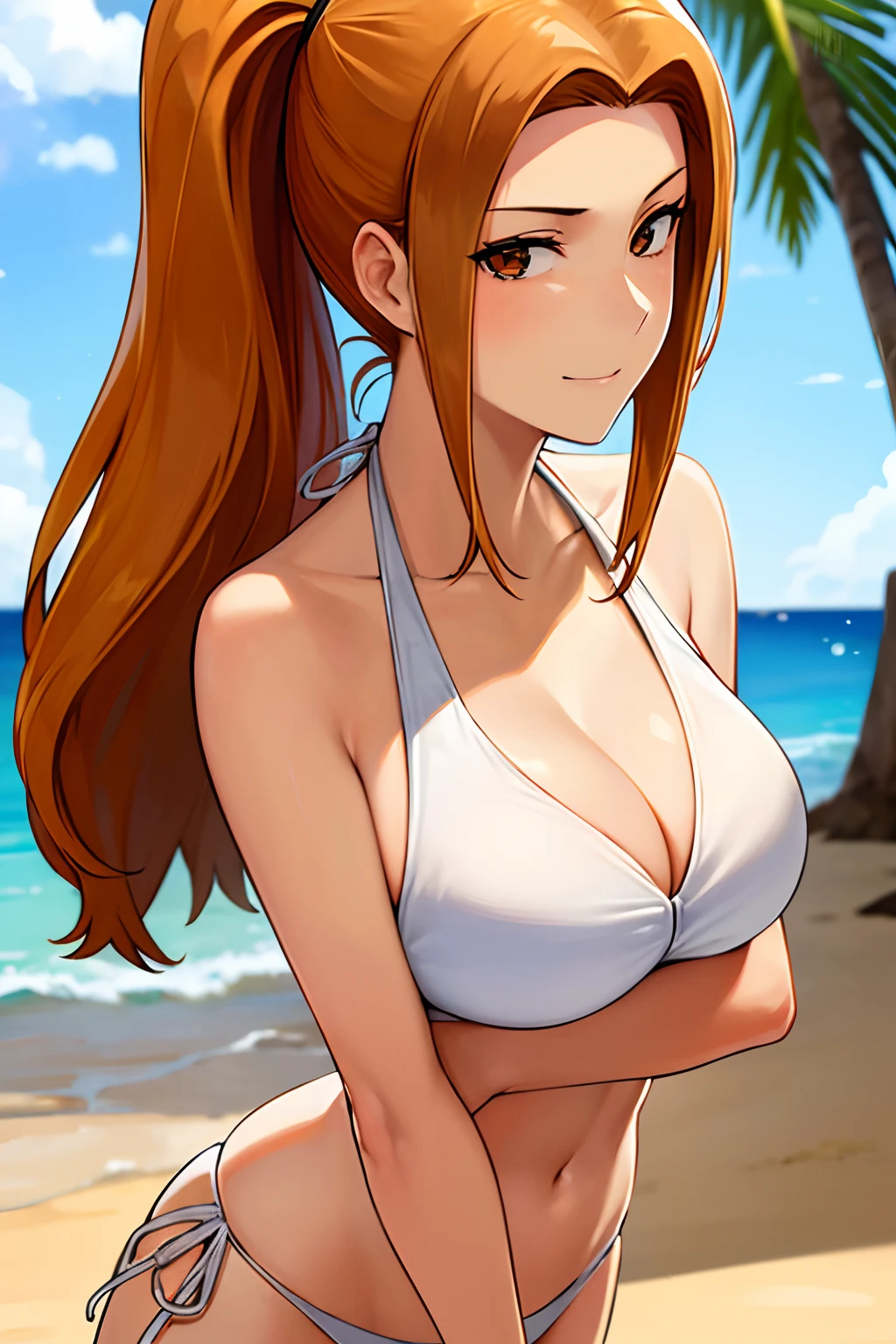 (masterpiece:1.1)、(top-quality:1.1)、shorth hair、Good anatomy、(1girl in:1.2)、(detailed faces and eyes:1.25)、orange color hair、brown haired、Brown-eyed、looking at the viewers、a matural female、side locks、Kyoka Tachibana、(a white bikini:1.3), (the beach:1.3)、A smile、cowboy shot、Bare neck、Bare arms、bare elbows、bare shoulders、is standing, (side-tie bikini bottom:1.3),