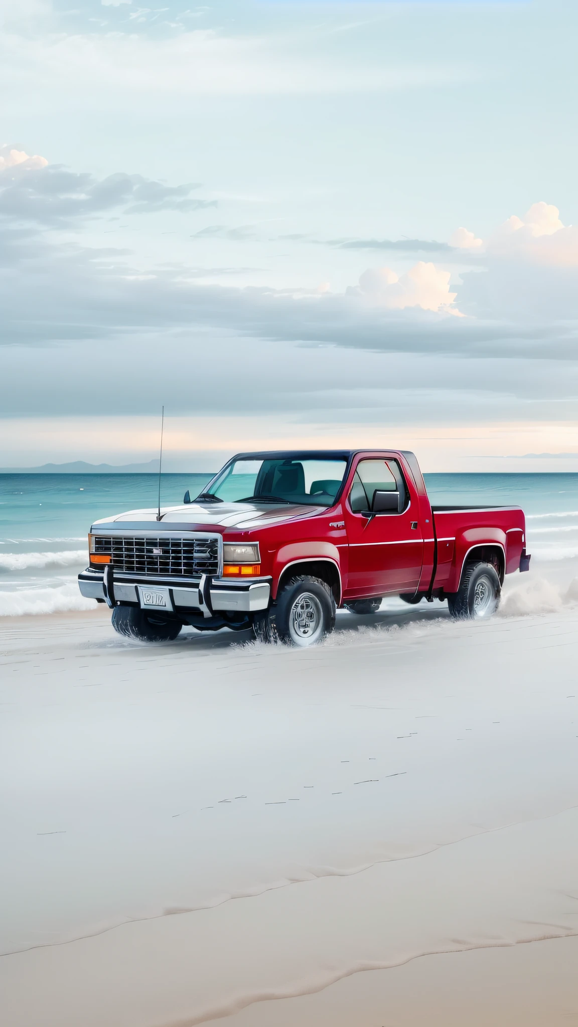 pick up silverado 1983 em uma linda praia de fundo , Sky with beautiful clouds , imagem mais linda do mundo