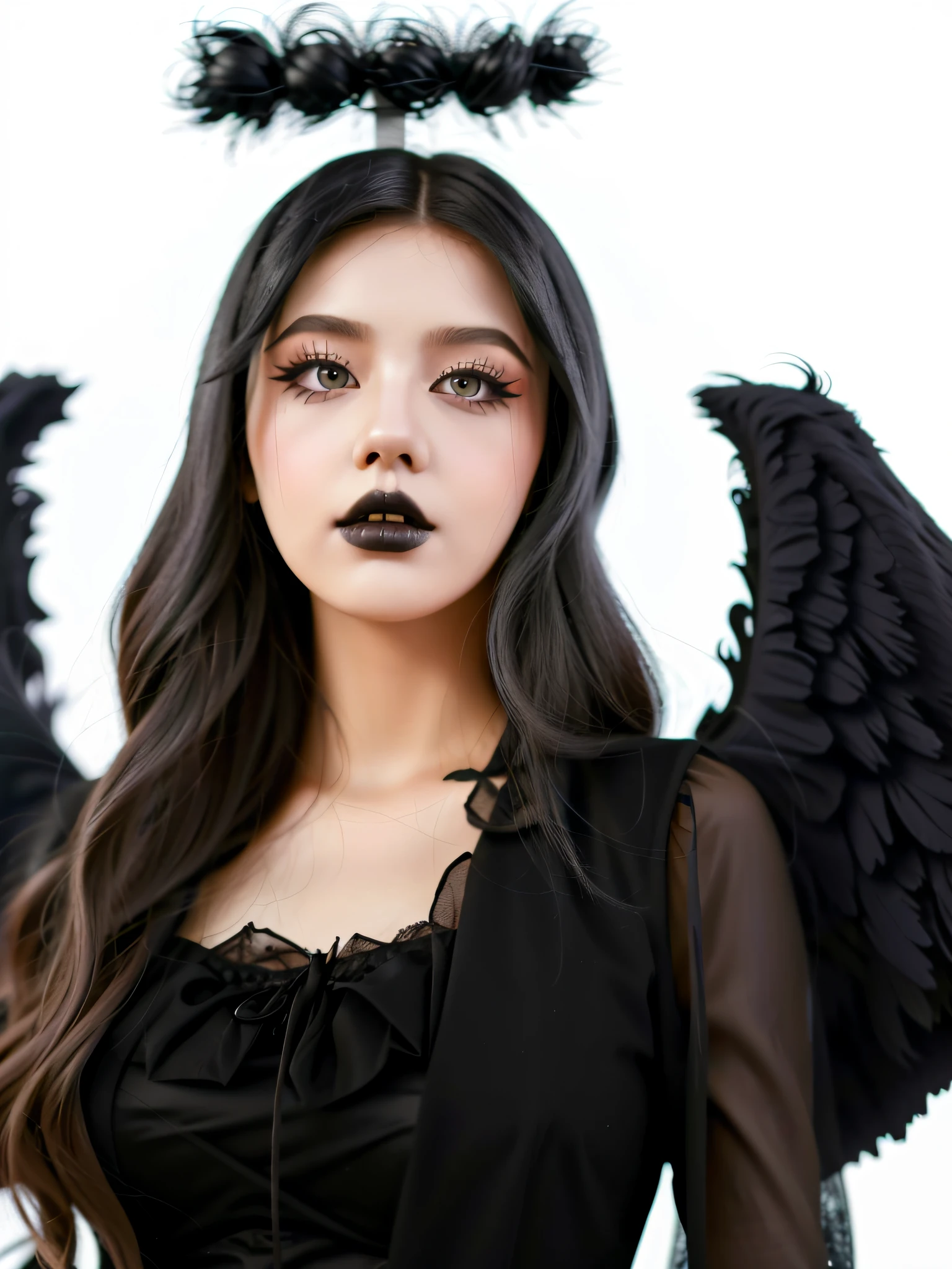 HighestQuali，tmasterpiece：1.2，Detailed details，1 Gothic girl，black lips，an angel dressed in black on a Halloween background, in the style of cluj school, flowerpunk, halloween, social media portraiture, high quality photo, quito school, honeycor，white hair