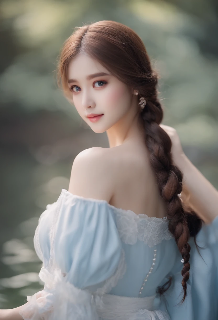 girl with、Long、Hair color is light blue and white、Braid one side、jitome、B Cup、kawaii、obedient