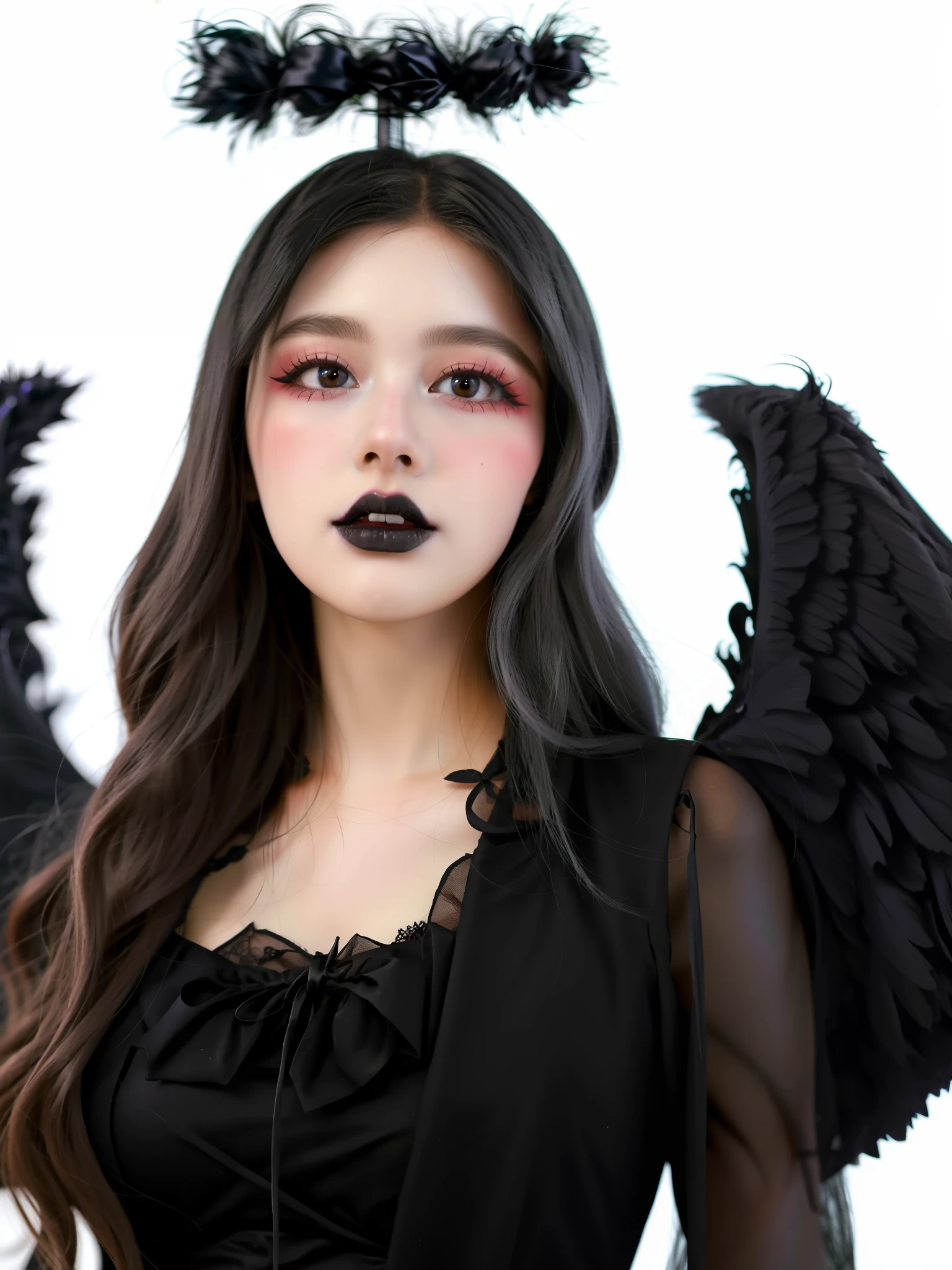 HighestQuali,tmasterpiece:1.2,Detailed details,1 Gothic girl,black lips,an angel dressed in black on a Halloween background, in the style of cluj school, flowerpunk, halloween, social media portraiture, high quality photo, quito school, honeycor,white hair