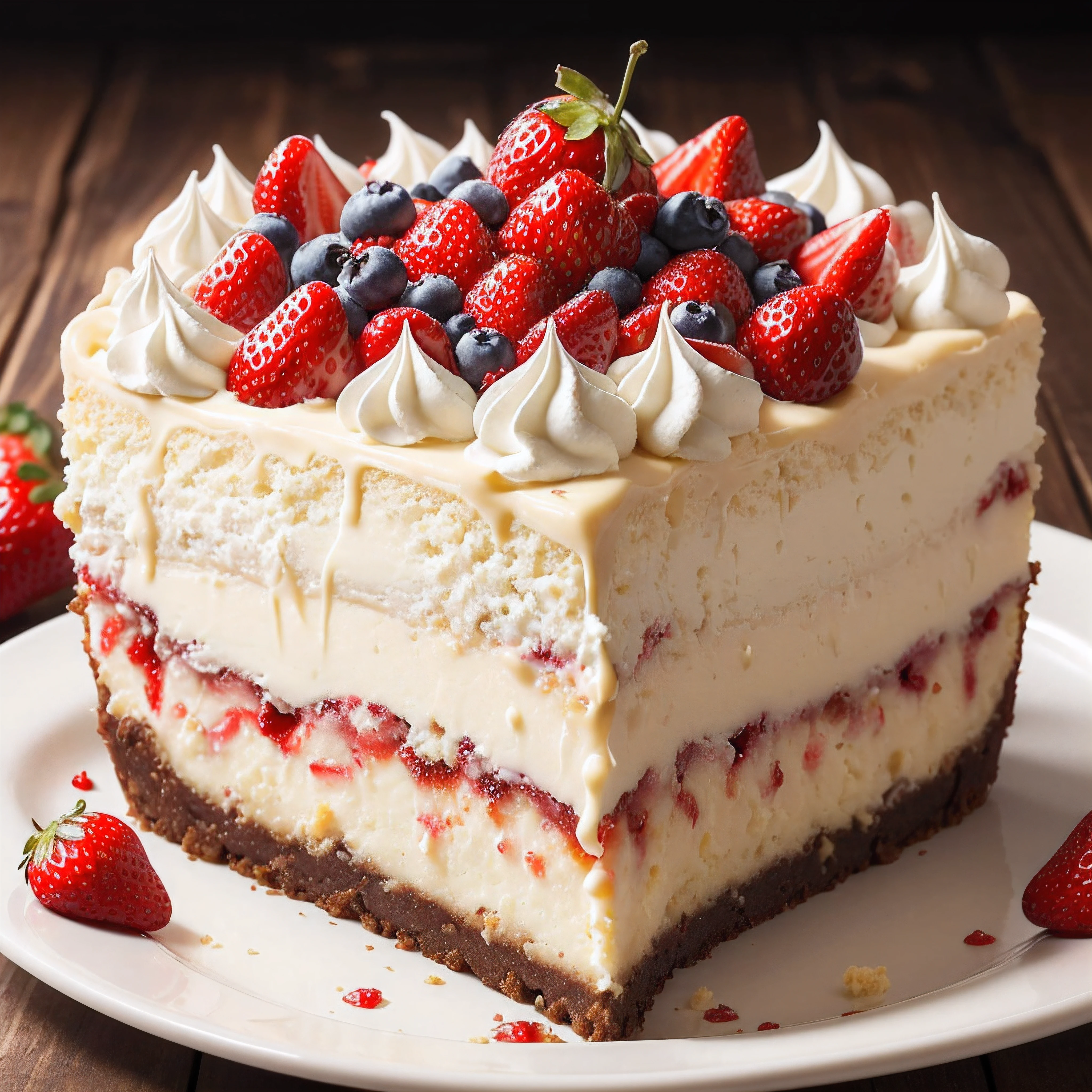 "(best quality, highest), delicious cheesecake, (mouth-watering, tantalizing, yummy:1.1), (creamy, smooth), (rich, decadent), (thick velvety crust), (creamy cheesy filling), (sweet strawberry topping), (fresh berries), crisp graham cracker crust, (tempting, irresistible), (indulgent, heavenly dessert), ultimate cheesecake experience, food photography, vivid colors, studio lighting"