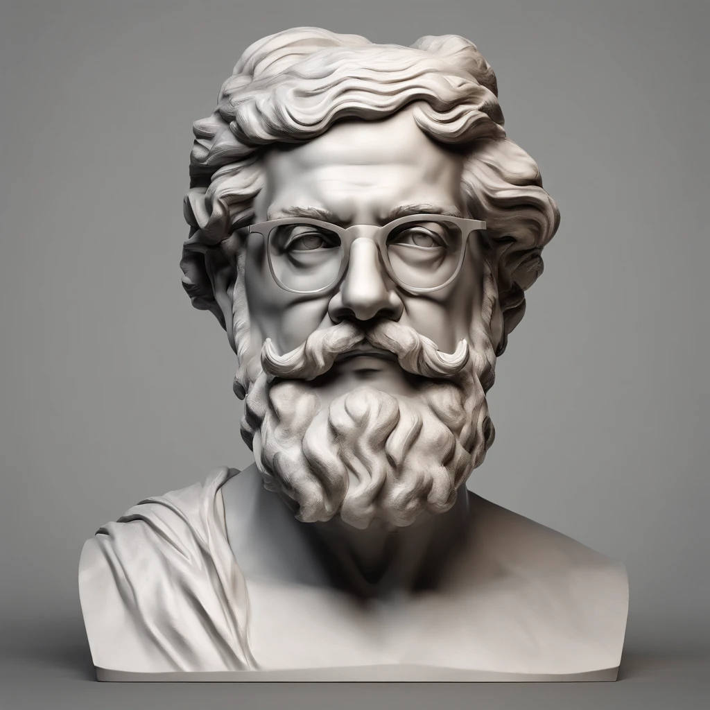 Greek philosophy white marble statue with beard and muscles, glasses, cinemactic, 8k, fundo escuro, Detailed symmetrical realistic face, textura natural extremamente detalhada, peach fluff, short hair, master part, Absurdos, Foto premiada por Lee Jeffries, Nikon Film Stock D850 Fotografia, kodak portra 400 camera f1.6 lentes, extremamente detalhado, Amazing, detalhes finos, cores ricas, textura hiper realista, dramatic lighting, UnrealEngine, trending on ArtStation, cinestill 800 tungsten, Olhando para o Viewer, Realistic photo, foto raw , TanvirTamim, alta qualidade, high resolution, foco nítido, extremamente detalhado, Cinematic lighting, 8k UHD,