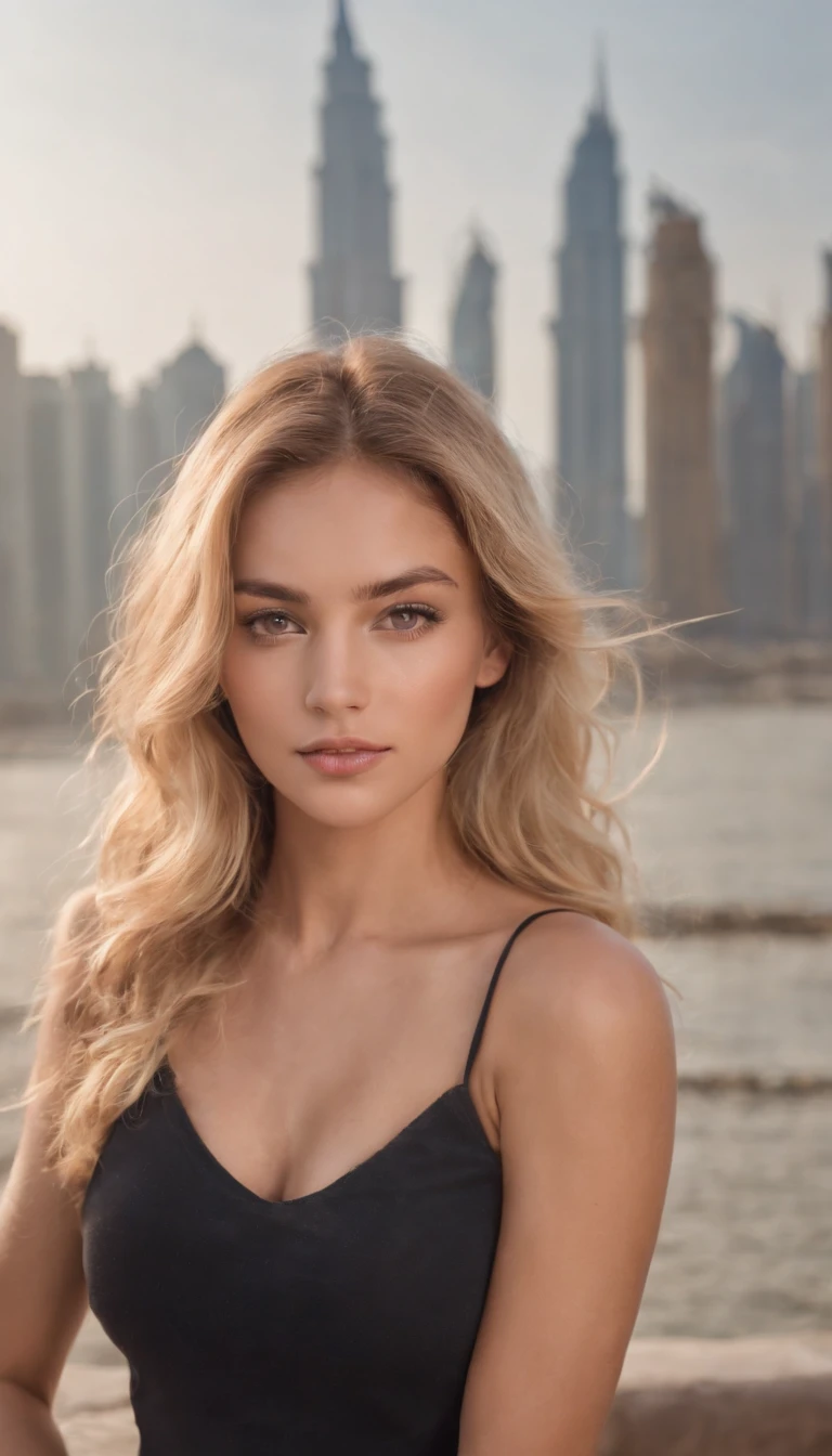 Sexy woman, 20 years old, Slim, sport, Tanned skin, Big breasts, Narrow waist, curly blond hair, Instagram model, Realistic, instagram picture, Photography, リアル, Natural. View of Dubai, Tall hands brush his hair behind his head