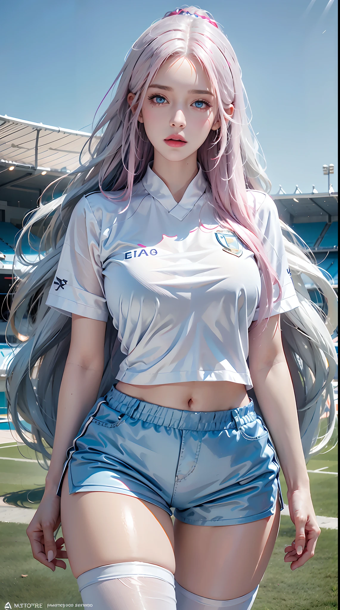 photorealistic, high resolution, 1women, shining skin, solo, hips up, jewelry, pink lips, long white hair, blue eyes, Manchester City uniform, blue shirt, white football shorts, football field
