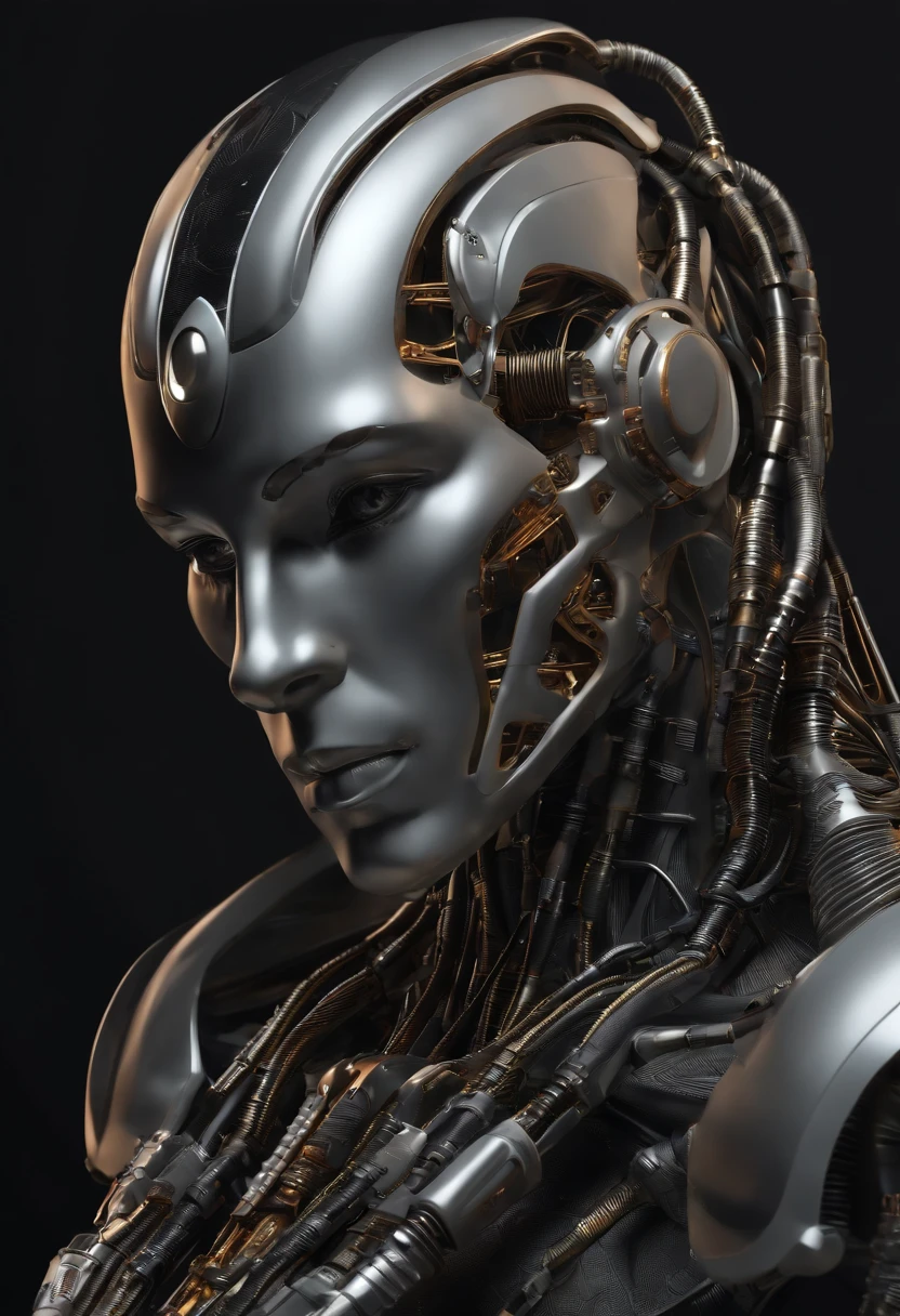 complejo 3d render ultra detallado de un hermoso perfil de porcelana hombre android cara, cyborg, Robotic Parts, 150 mm, hermoso estudio luz suave, luz de borde, detalles vibrantes, ciberpunk lujoso, encaje, hiperrealista, anatomical, facial muscles, electrical wires, microchip, elegante, hermoso fondo, octanaje, estilo H. R. Giger, 8k, mejor calidad, obra maestra, illustration, un extremadamente delicado y hermoso, extremadamente detallado, CG, unidad, papel tapiz, incredible, detalles finos, obra maestra, mejor calidad, arte oficial, fondo de pantalla CG 8k extremadamente detallado, robot, halmet plateado, ((cuerpo completo)), sentado