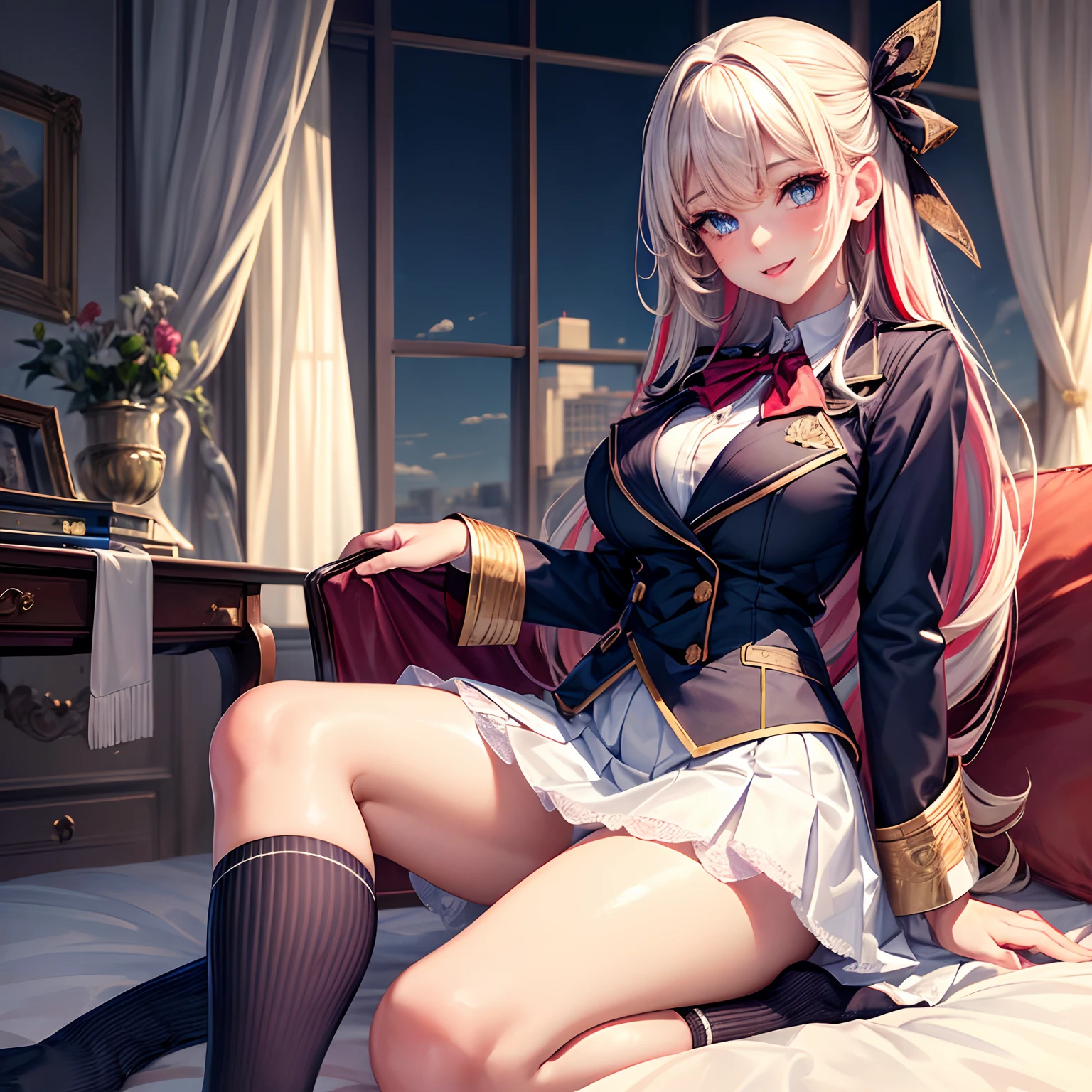 (beautiful detailed eyes,beautiful detailed lips,extremely detailed eyes and face,longeyelashes,cute girl with ribbon uniform,cute uniform,blazer,laughs loudly,attractive girl,best quality,busty,masterpiece:1.2,stunning figure,erotically cute,ultra-high resolution,gorgeous girl,lovely girl,multi-colored hair,relaxed socks,high resolution,gorgeous eyes,perfect beauty)