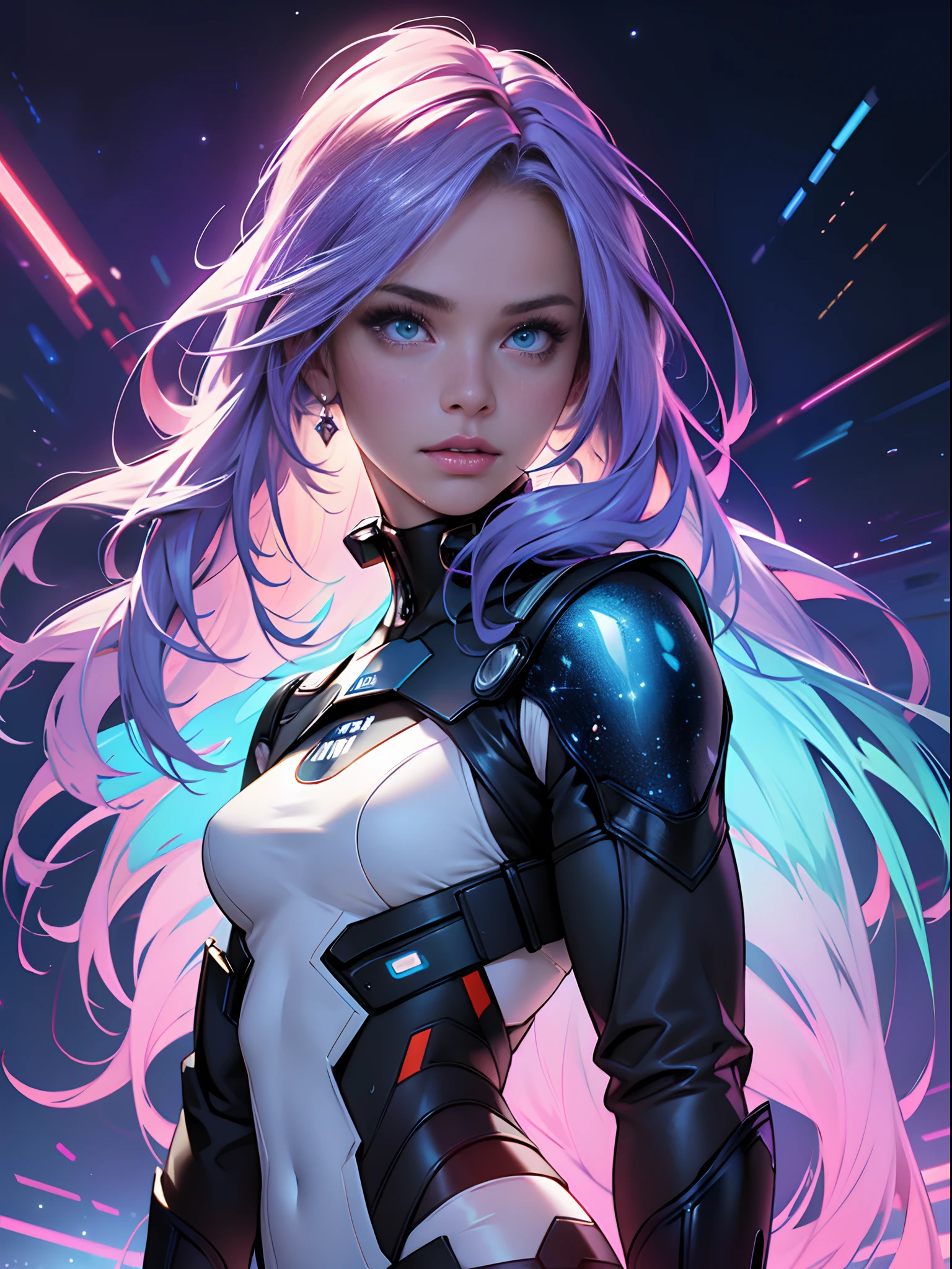 (La mejor calidad,A high resolution,Ultra - detallado,actual),Ariana Grande hermosa chica blanca cyborg esqueleto, esqueleto ciberpunk, portrait of a cybernetic skeleton, cyborg - chica con cabello plateado, beautiful chica cyborg, (chica cyborg:1.4), Mujer humanoide, hermosa chica cyborg, (She has a beautiful bone structure:1.4),,More detailed 8K.motor irreal:1.4,UHD,La mejor calidad:1.4, fotorrealista:1.4, textura de la piel:1.4, obra maestra:1.8,obra-prima, mejor calidad,objeto Objeto], (detailed face features:1.3),(Las proporciones correctas),(convexo Dedos detallados),(Ojos hermosos azules), (pose vaquero) , (fondo ciudad Tokio cyberpunkAI:1.4), (It has a transparent body inside, purple metallic cybernetic skeleton:1.4), (fondo laboratorio de atlantis:1.4) , (cuerpo transparente vidrio violeta), 