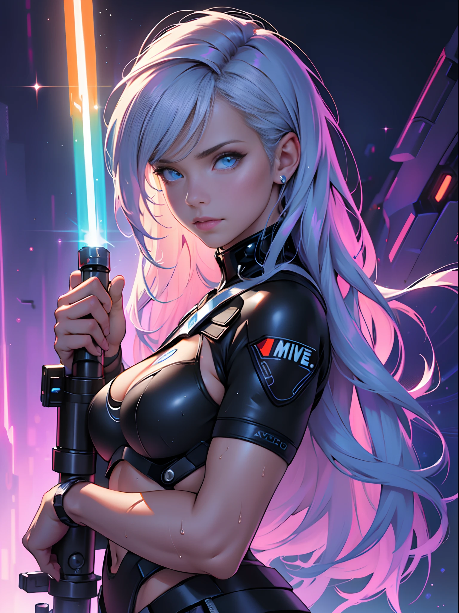(best quality,4k,highres,masterpiece:1.2),ultra-detailed,(realistic:1.37),portrait,starwars girl,ripped clothes,sexy,accurate breasts,wet,expressive eyes,long beautiful flowing hair,vibrant colors,soft lighting,holographic background,confident pose,sci-fi fashion,futuristic style,sparkling lightsabers,action-packed,force powers,galactic adventure.