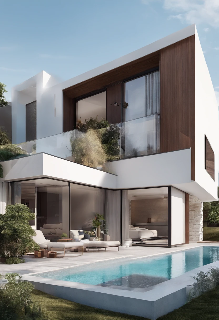 Modern Minimal White Dublex House, exterior, material : wood, yuri, concrete, Water in the pool, Where there is a pool in the yard, Lux car in the yard