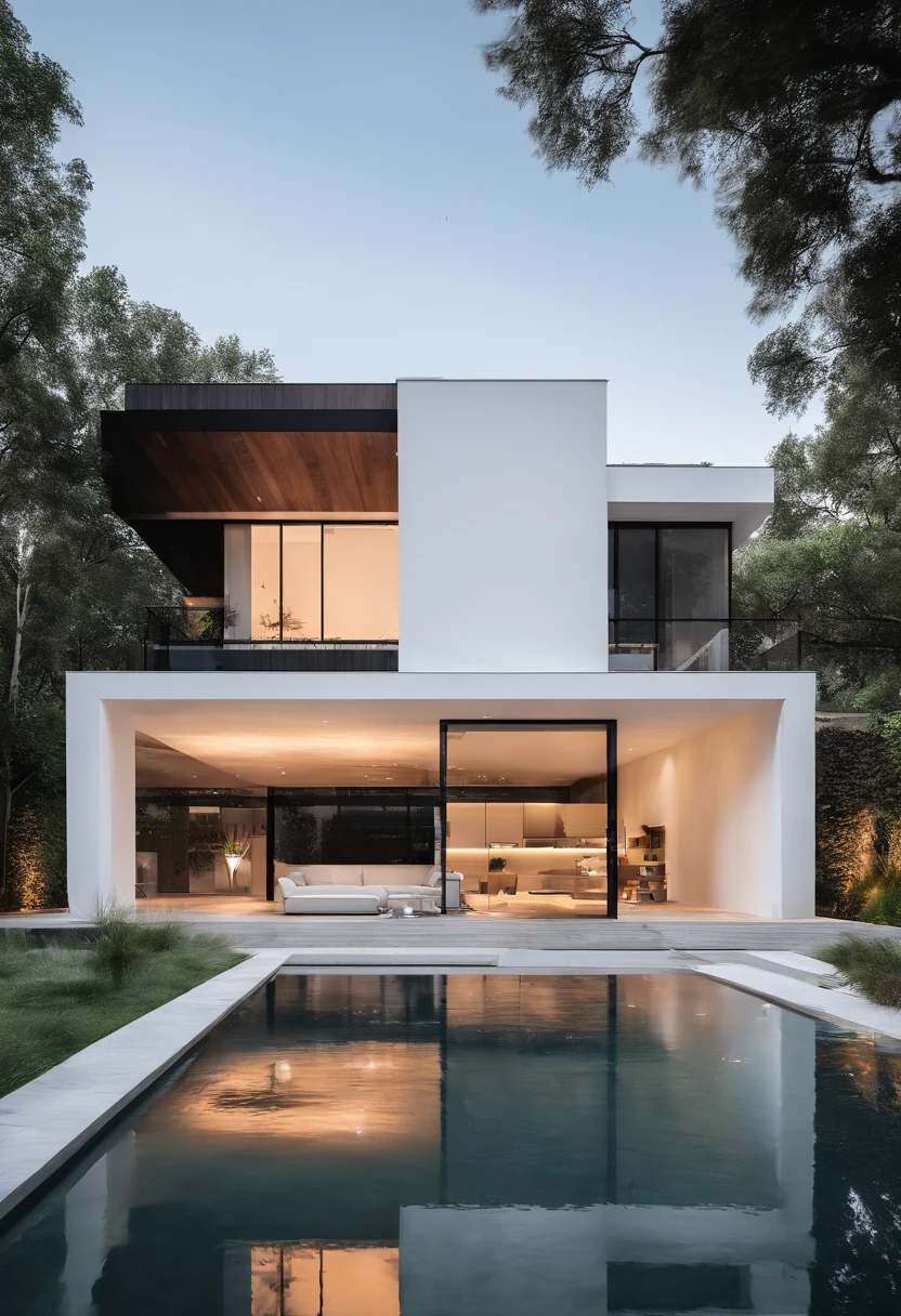 Modern Minimal White Dublex House, exterior, material : wood, yuri, concrete, Water in the pool, Where there is a pool in the yard, Lux car in the yard
