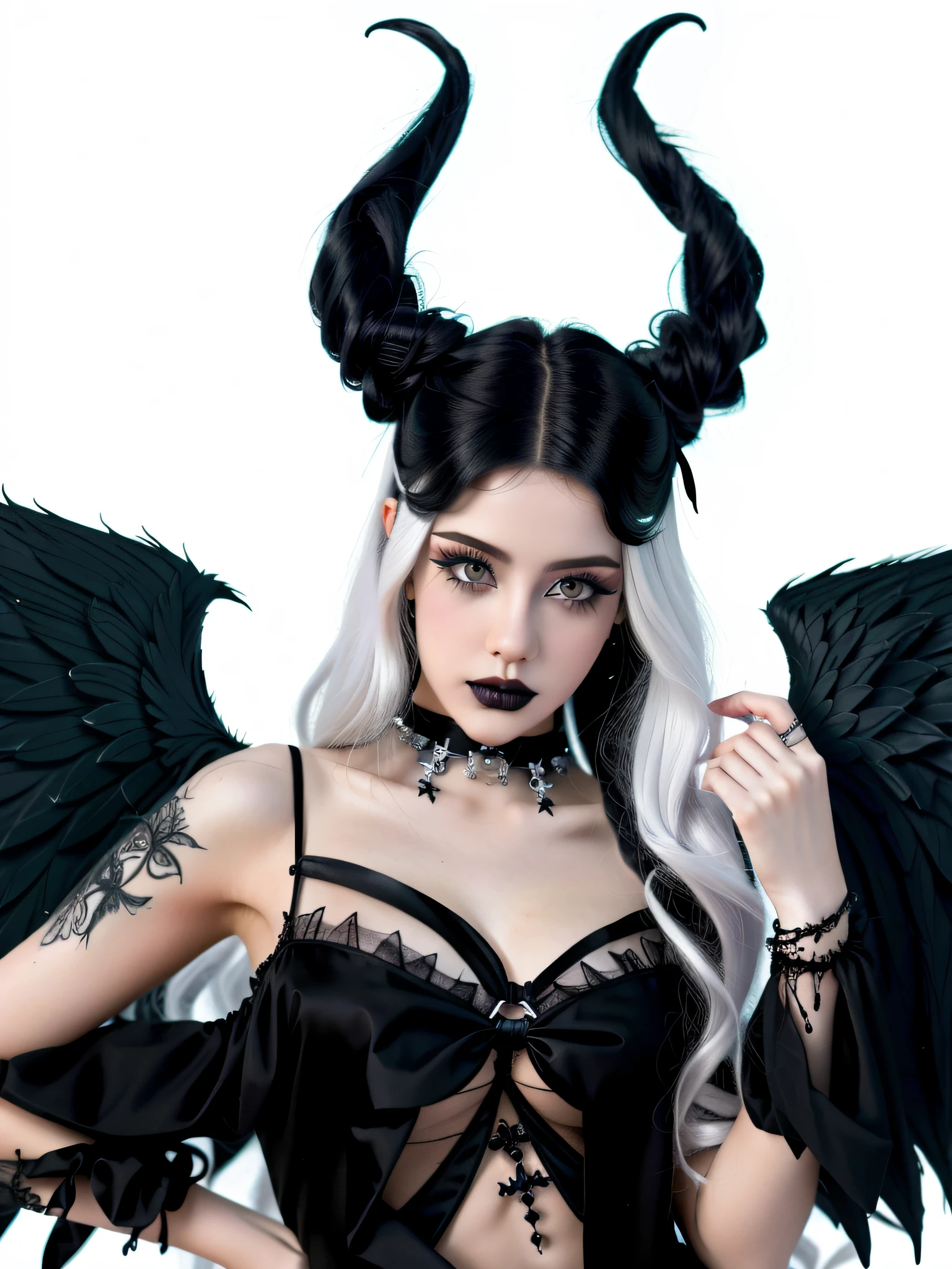 HighestQuali,tmasterpiece:1.2,Detailed details,1 Gothic girl,black lips,an angel dressed in black on a Halloween background, in the style of cluj school, flowerpunk, halloween, social media portraiture, high quality photo, quito school, honeycor,white hair