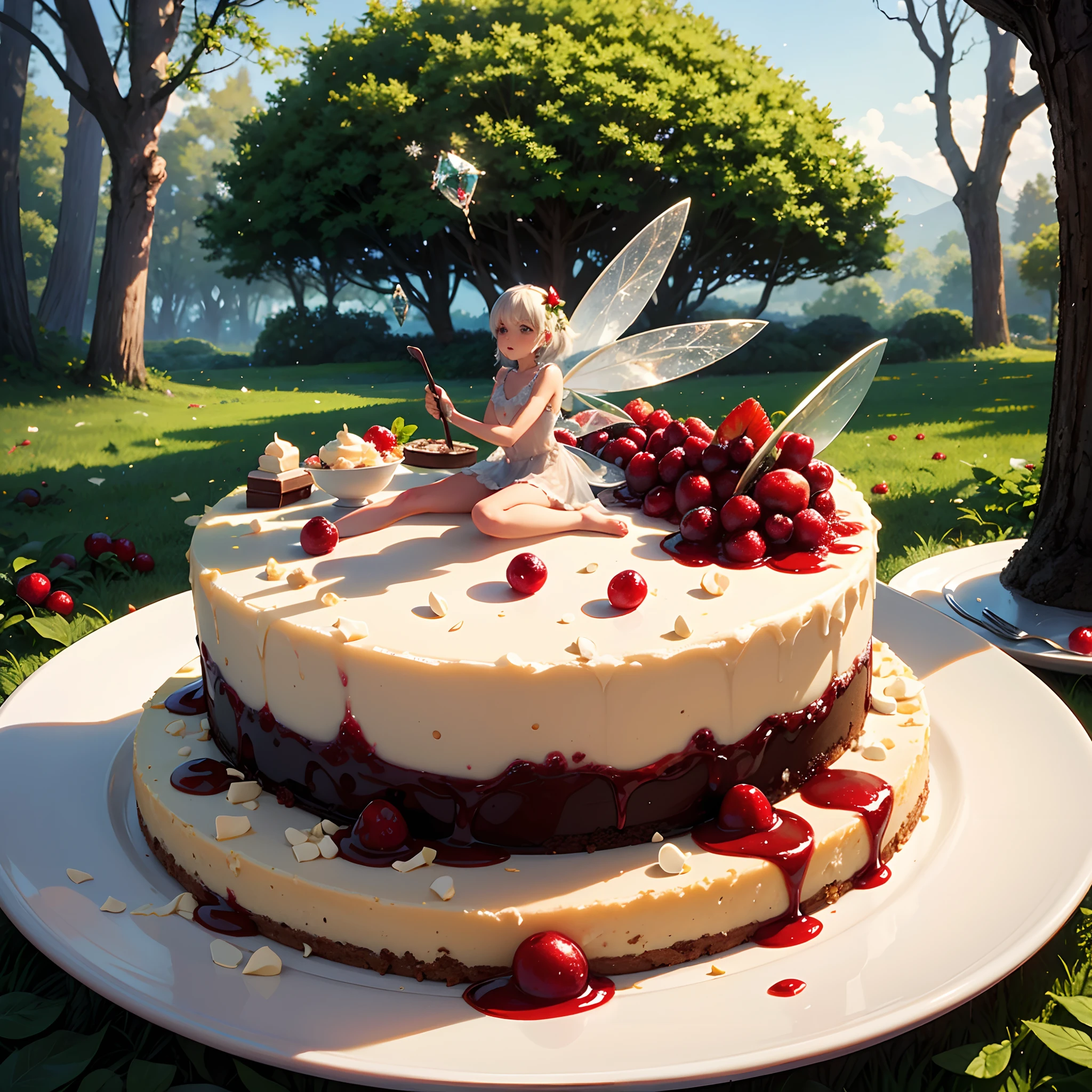 Cheesecake with tart cranberry sauce and white chocolate shavings, served with mint leaves and fresh berries. Earth made of cheesecake, trees made of chocolate, where little fairies are having a tea party. The fairies wear wings made of snowflakes and icicles.