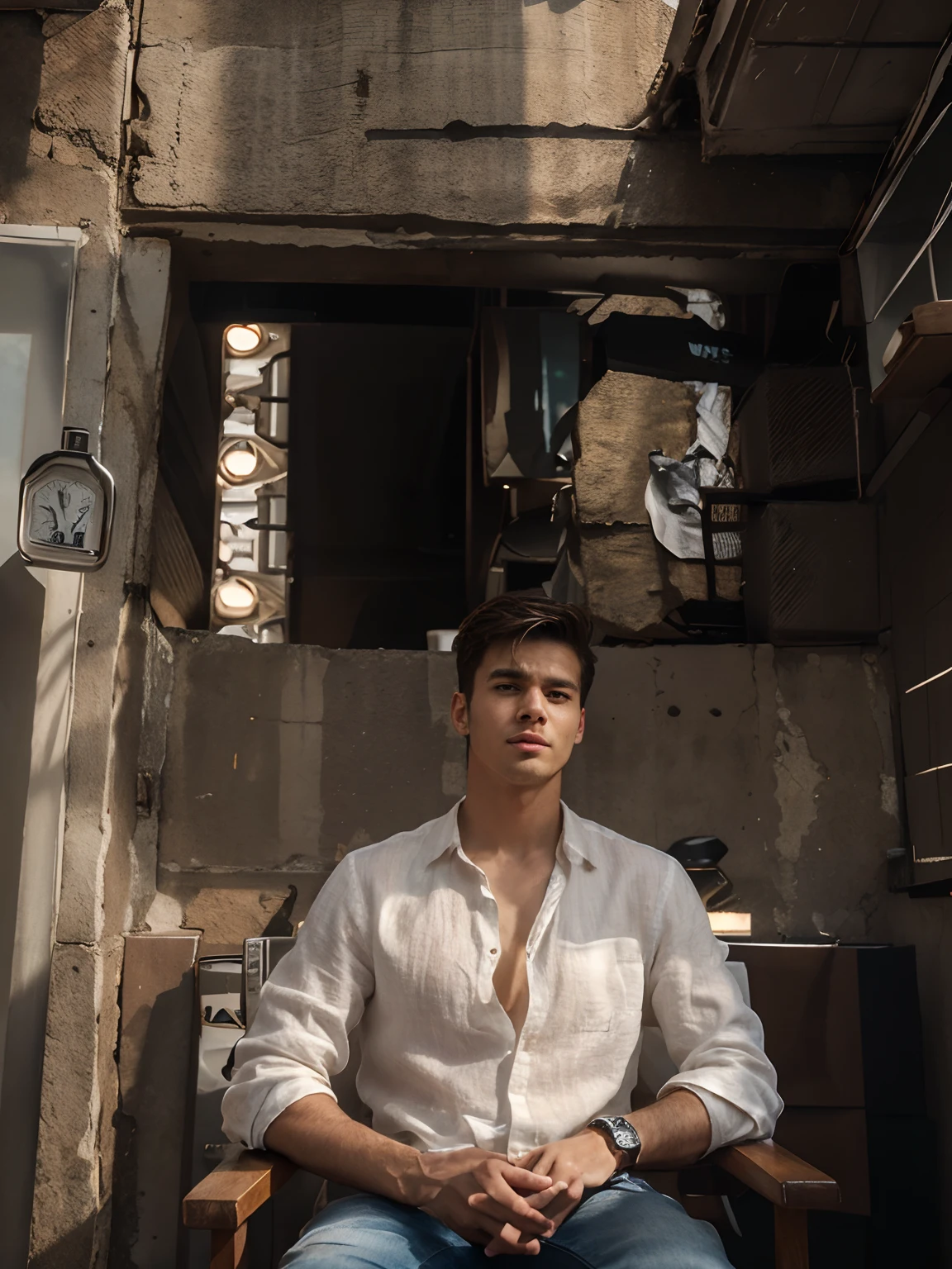 Change background, handsome boy with square face shape and pointed chin ,wearing simple linen white shirt with jeans and a classic watch in left hand sitting on a chair,8k