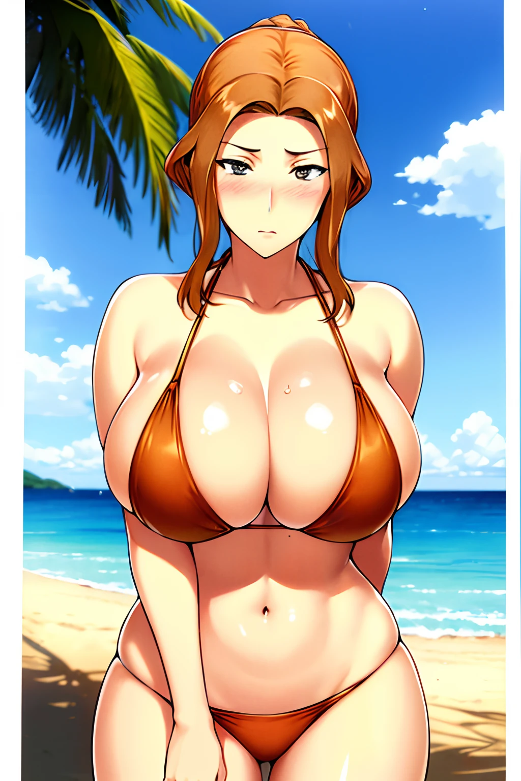 (masterpiece:1.1)、(top-quality:1.1)、full body Esbian、shorth hair、Good anatomy、(1girl in:1.2)、(detailed faces and eyes:1.25)、orange color hair、brown haired、Brown-eyed、(huge-breasted、thighs thighs thighs thighs、thighs thighs thighs thighs:1.2)、looking at the viewers、a matural female、side locks、Kyoka Tachibana、(a white bikini:1.3), (the beach:1.3)、is standing、(A look of bewilderment:1.3)、red blush、Bare arms、bare elbows、(View from the front:1.5),