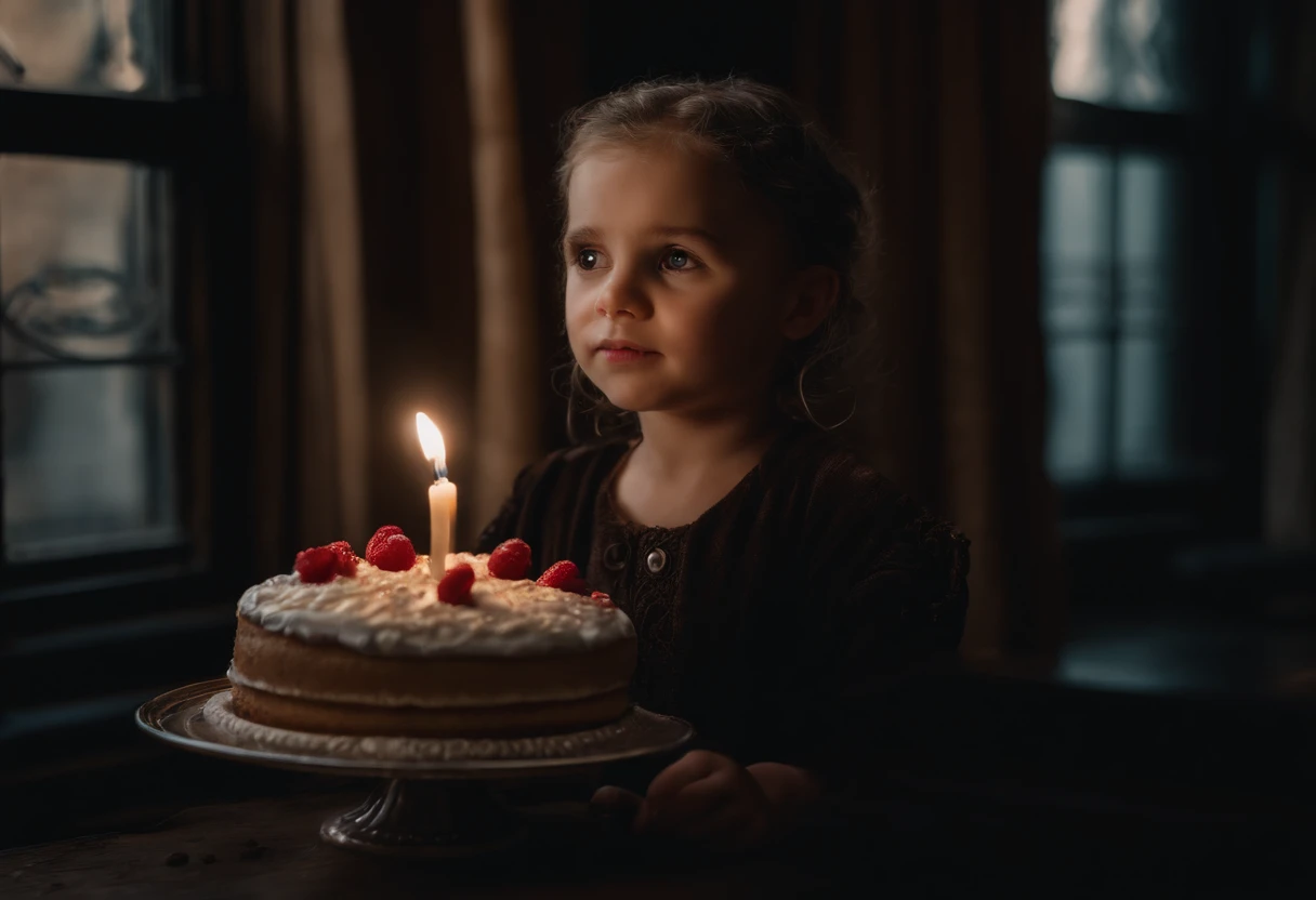 there is a  woman holding a ceesecake birthday in front of a window, detailed ceesecake, cake crumbs on cheeks, detailed face an eyes, birthday party, dark room with ambient lighting, highly detailed, intricate detail, lots of detail, dynamic composition, a photorealistic painting by irakli nadar, unsplash contest winner, hyperrealism, brandon woelfel, dark moody lighting, very moody, moody aesthetic, close-up shot, motion blur