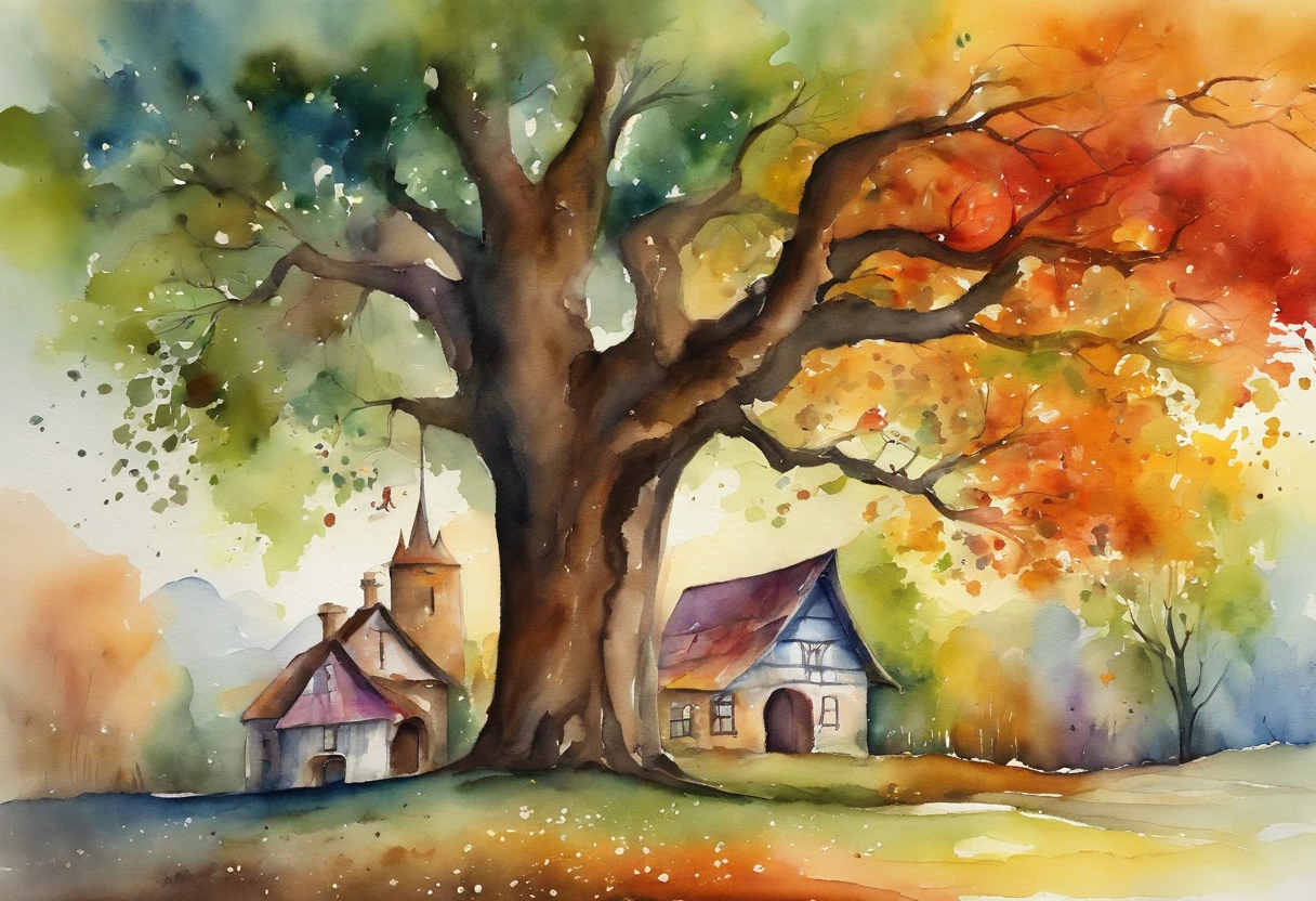 "A towering tree with vibrant rainbow-colored leaves, casting its majestic shadow over an enchanting fantasy village."