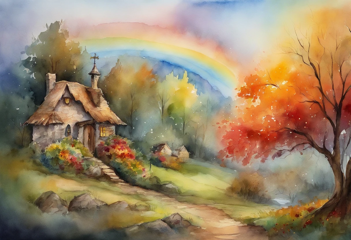 "A towering tree with vibrant rainbow-colored leaves, casting its majestic shadow over an enchanting fantasy village."