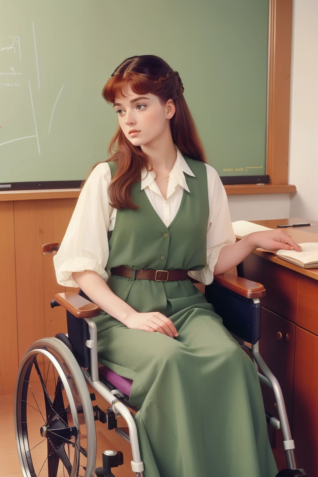 year: 1994. Location: Sweden. Pre-Raphaelite scene with a 30-year-old beautiful woman in a wheelchair, literature teacher, school classroom, ((((Clothing from the 1990s)))) ((Hairstyle of the 1990s)), ((("OMITB" cinematography)))