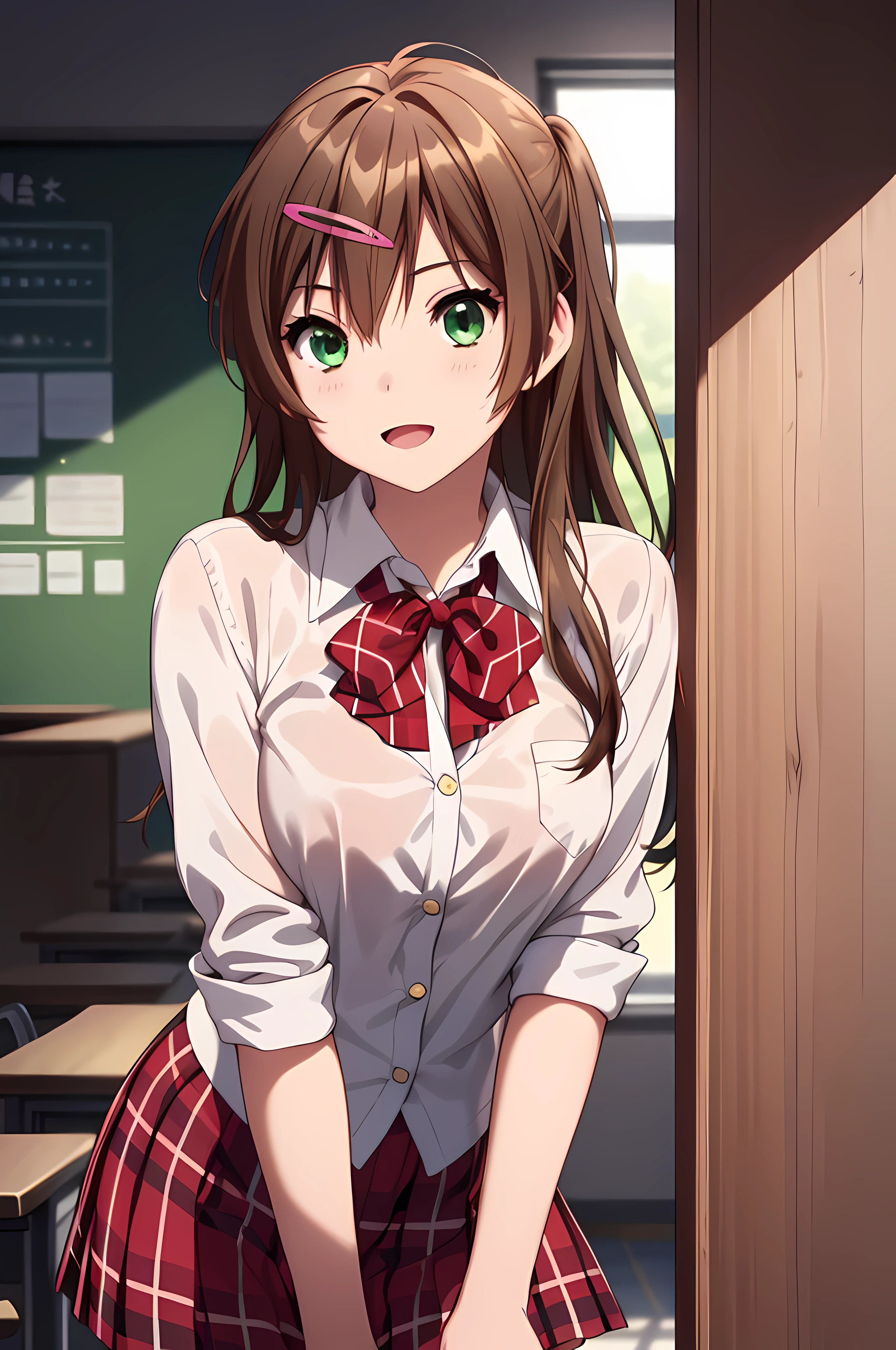 ((nsfw:1.8, masterpiece, best quality, highres, UHD, perfect pixel, depth of field, 4k, RTX, HDR)), 1girl, single, solo, beautiful anime girl, official art, beautiful artstyle, anime character, ((long hair, parted bangs, dark brown hair)), (green eyes:1.4, rounded eyes, beautiful eyelashes, realistic eyes), (detailed face, blushing:1.2), (smooth texture:0.75, realistic texture:0.65, photorealistic:1.1, anime CG style), medium breasts, perfect body, (pov, close up), ((JK school uniform, plaid skirts, neck bowtie)), natural light, indoor, classroom, school, smile, open mouth, leaning forward