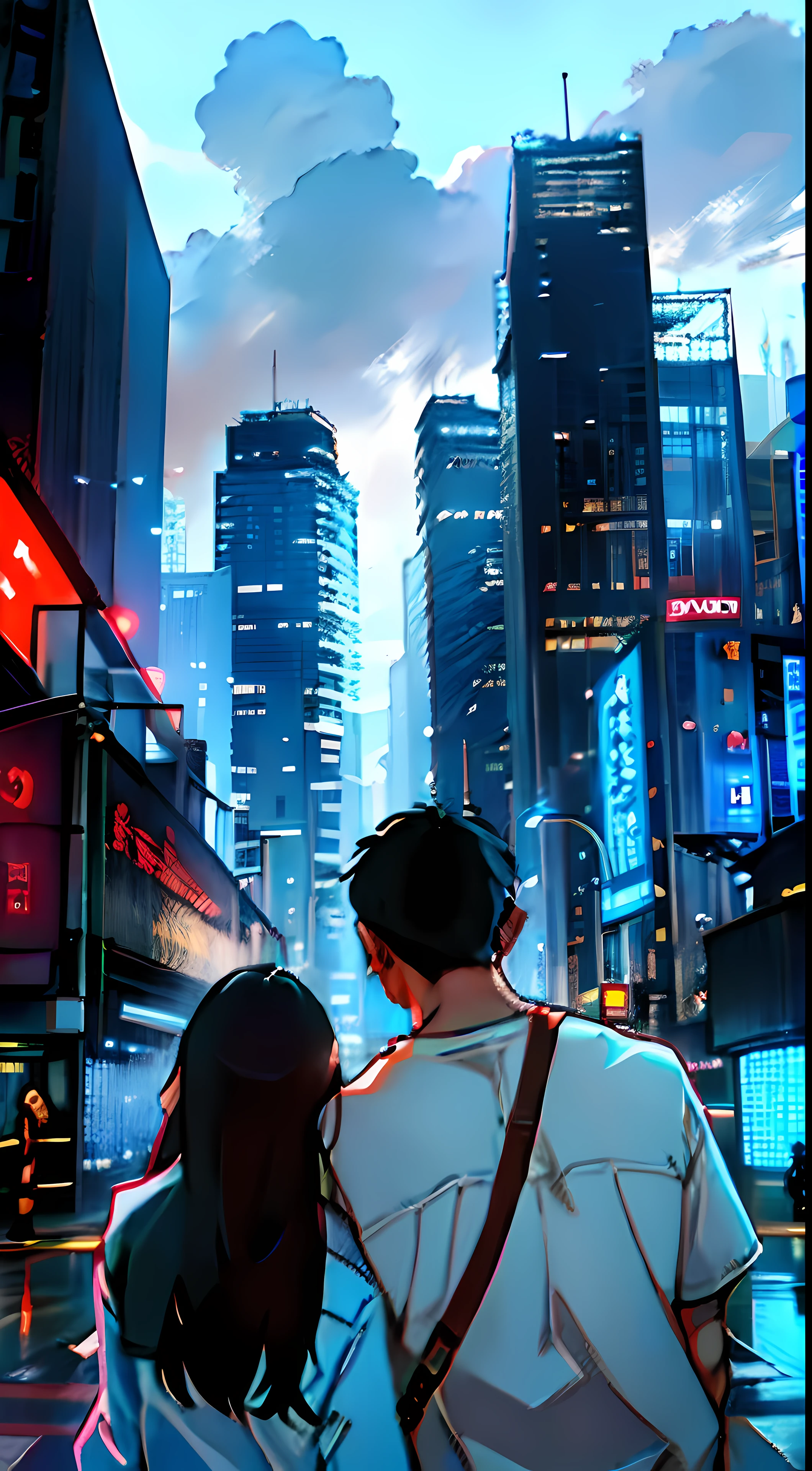There were two people standing in the street looking at the city, wandering in the city, zmonzheng, In the middle of the city, Skyscrapers in the background, inspired by Cheng Jiasui, couple, with the city as the background, In a city, f / 1. 9 6. 8 1 mm ISO 4 0