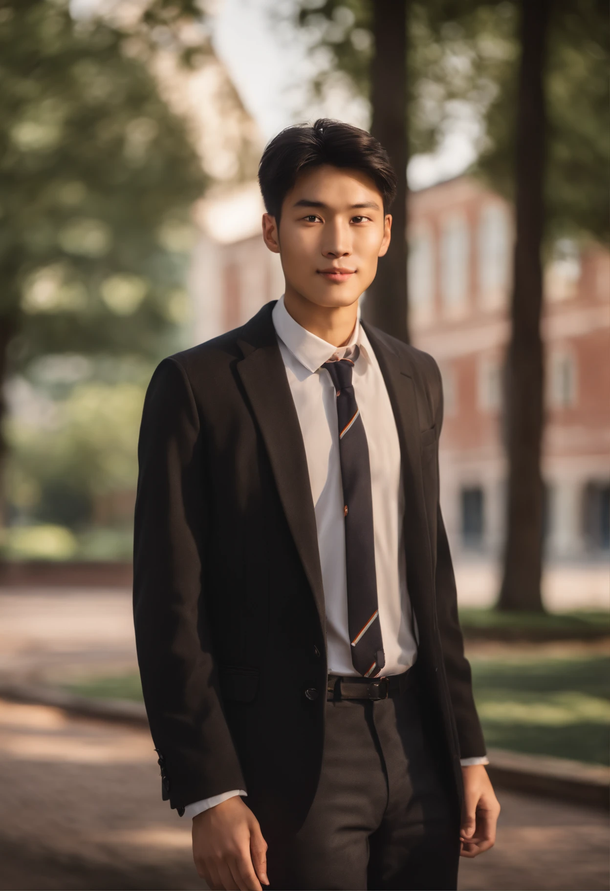 A handsome and tall college-aged male student with Chinese features, wearing a school uniform, standing confidently in front of a university building. He has a friendly smile and his eyes are bright and expressive. The scene is set during a sunny day, with vibrant colors and a warm color temperature, giving a pleasant and inviting atmosphere. The lighting is soft and diffused, creating gentle shadows and highlights on the student's face, enhancing the realism and depth of the image. The artwork is created using traditional oil painting techniques, with meticulous attention to detail. The brushstrokes are visible, adding texture and depth to the piece. The overall image quality is of the highest standard, with ultra-detailed rendering and realistic depiction of the human figure. The colors are vivid and vibrant, creating a visually appealing composition.