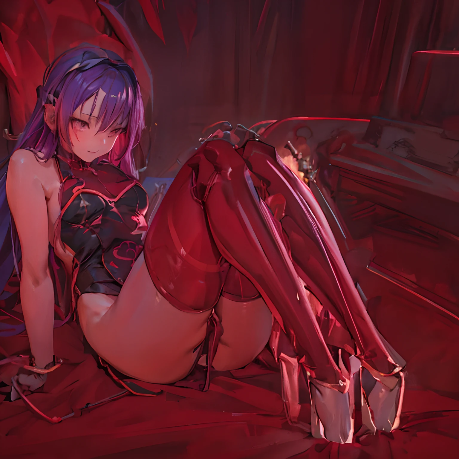 arafed woman in red dress laying on floor with legs crossed, colored sketch, some red and purple, sketchy artstyle, inked and colored, lowres, unknown artstyle, digital sketch, some red, badass pose, digitally colored, highres, inspired by Asaf Hanuka, high quality colored sketch, high res, concept piece