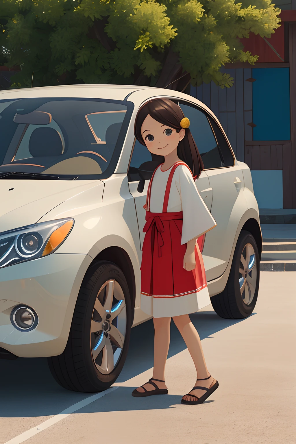 Octane Render、(Hyper-detailing: 1.15)、(Soft light、sharp: 1.2)、morning、Little girl posing in front of colorful EV in parking lot near beach, Traditional costumes、Distinctive ethnic hair ornaments、Characteristic ethnic shoes、 Fuji Film, F/4.0, masutepiece, Anatomically correct、A smile, radiant light