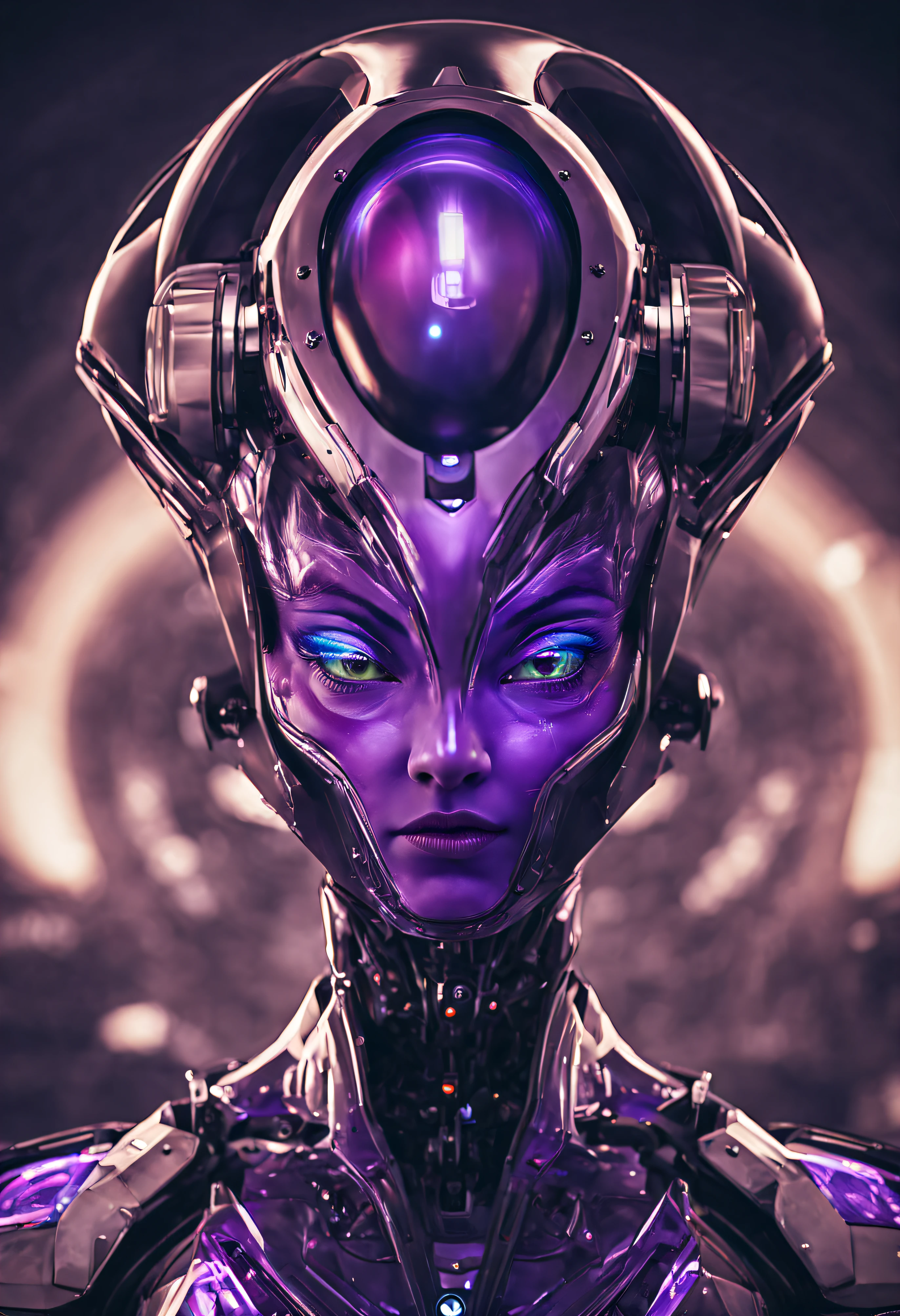 alienigena extraterrestre de gran cabeza redonda sin pelos, con ojos supergrandes con el iris de color violeta brillante, cara bellisina y vistoso y tecnologico traje ajustado y cuerpo espectacular en centro de control de una spacecraft.
