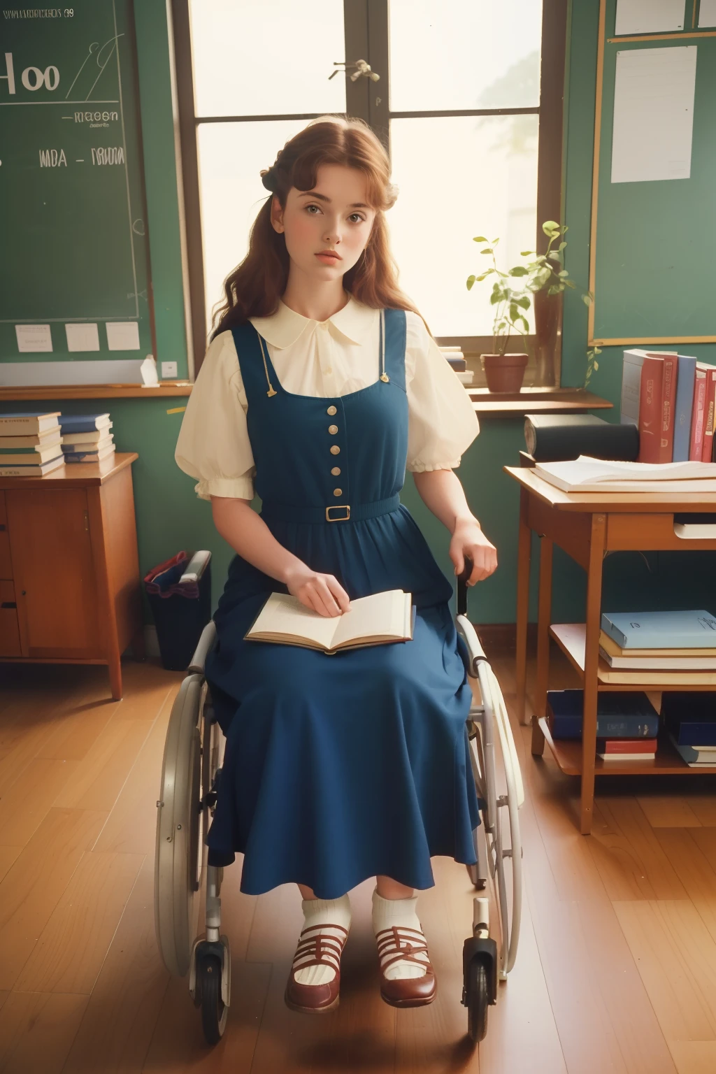 year: 1994. Location: Sweden. Pre-Raphaelite scene with a 30-year-old beautiful woman in a wheelchair, literature teacher, school classroom, books, ((((Clothing from the 1990s)))) ((Hairstyle of the 1990s)), ((("OMITB" cinematography)))