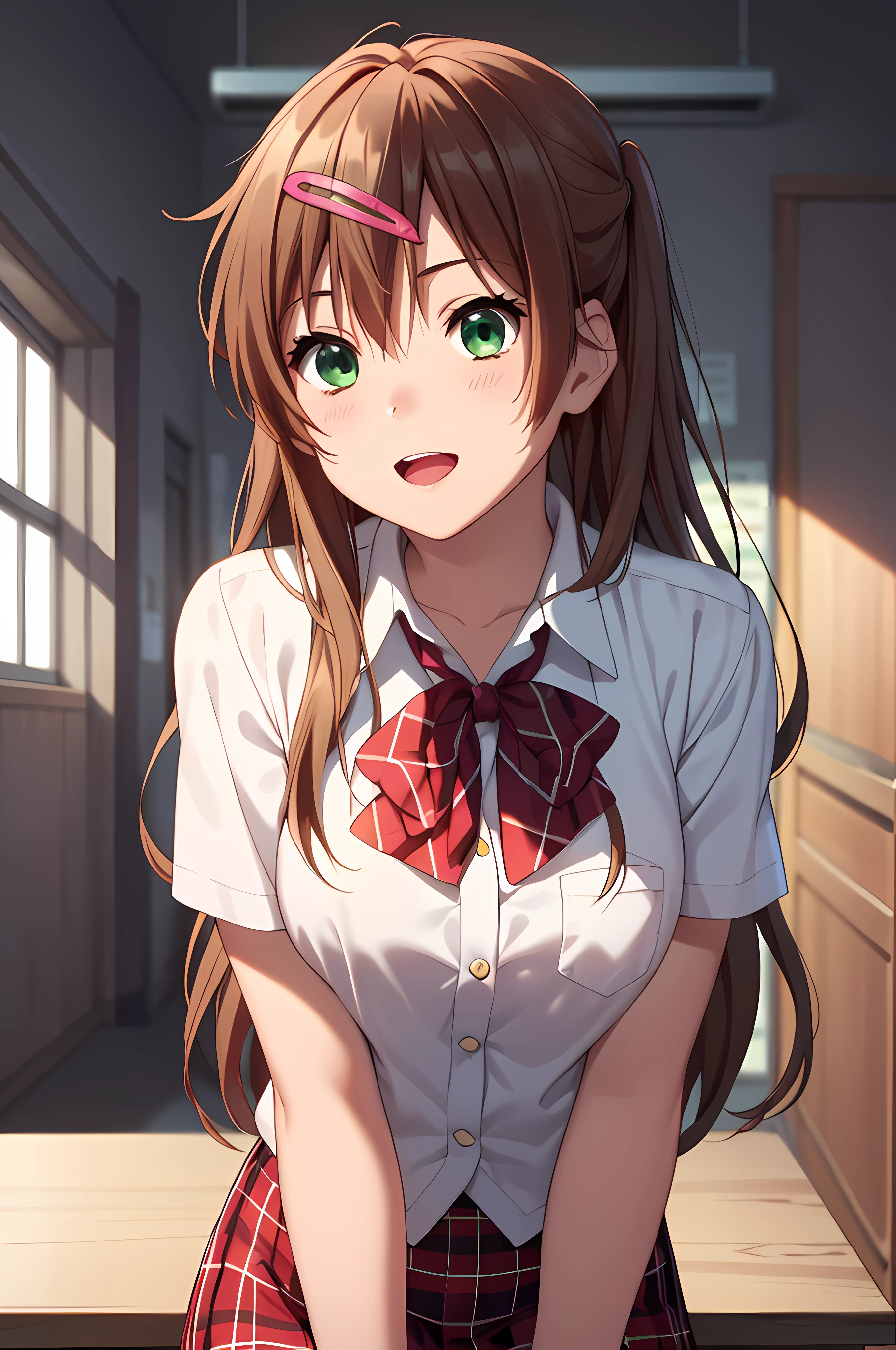 ((nsfw:1.8, masterpiece, best quality, highres, UHD, perfect pixel, depth of field, 4k, RTX, HDR)), 1girl, single, solo, beautiful anime girl, official art, beautiful artstyle, anime character, ((long hair, parted bangs, dark brown hair)), (green eyes:1.4, rounded eyes, beautiful eyelashes, realistic eyes), (detailed face, blushing:1.2), (smooth texture:0.75, realistic texture:0.65, photorealistic:1.1, anime CG style), medium breasts, perfect body, (pov, close up), ((JK school uniform, plaid skirts, neck bowtie)), natural light, indoor, classroom, school, smile, open mouth, leaning forward