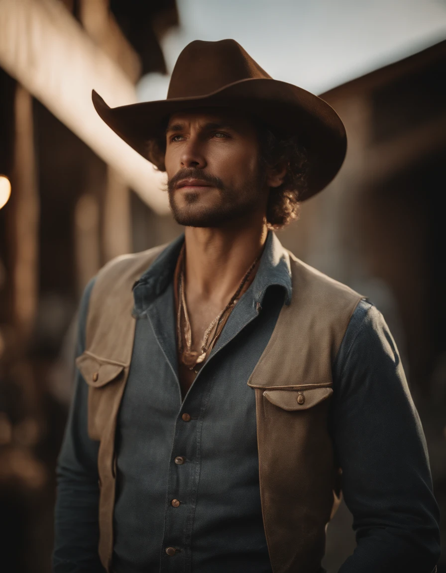 Cinematic portrait, ((Upper body)), Facing the audience, (reality :1.3), most beautiful artwork photo in the world, A man looks at the camera, Vintage denim outfits, Western cowboy, Detailed beautiful face, action  shot, (Intricate :1.4), Western background, photograph realistic, In the daytime, CG, art stand