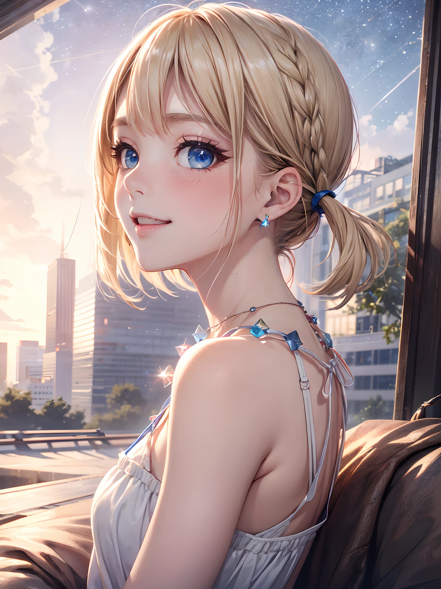 absurderes, ultra-detailliert,extremely beautiful detailed anime face and eyes,octane, skyporn, Star (skyporn), (Starry sky:1.2),(Meteor swarm:1.3) Night, 1girll, nigh sky, Solo, Outdoors, building, cloud, Milky way, Sitting, tree, city, silhuette, Cityscape, (look up sky:1.3),(From Side:1.3),8K, Beautiful night sky, Ray tracing,Short hair, ,asymmetrical bangs, Blonde hair with short twin tails, Shiny hair, Delicate beautiful face, Happy smiling face、red blush、(Deep Blue Eyes:1.4)White skin, hair clips, earrings, a necklace,