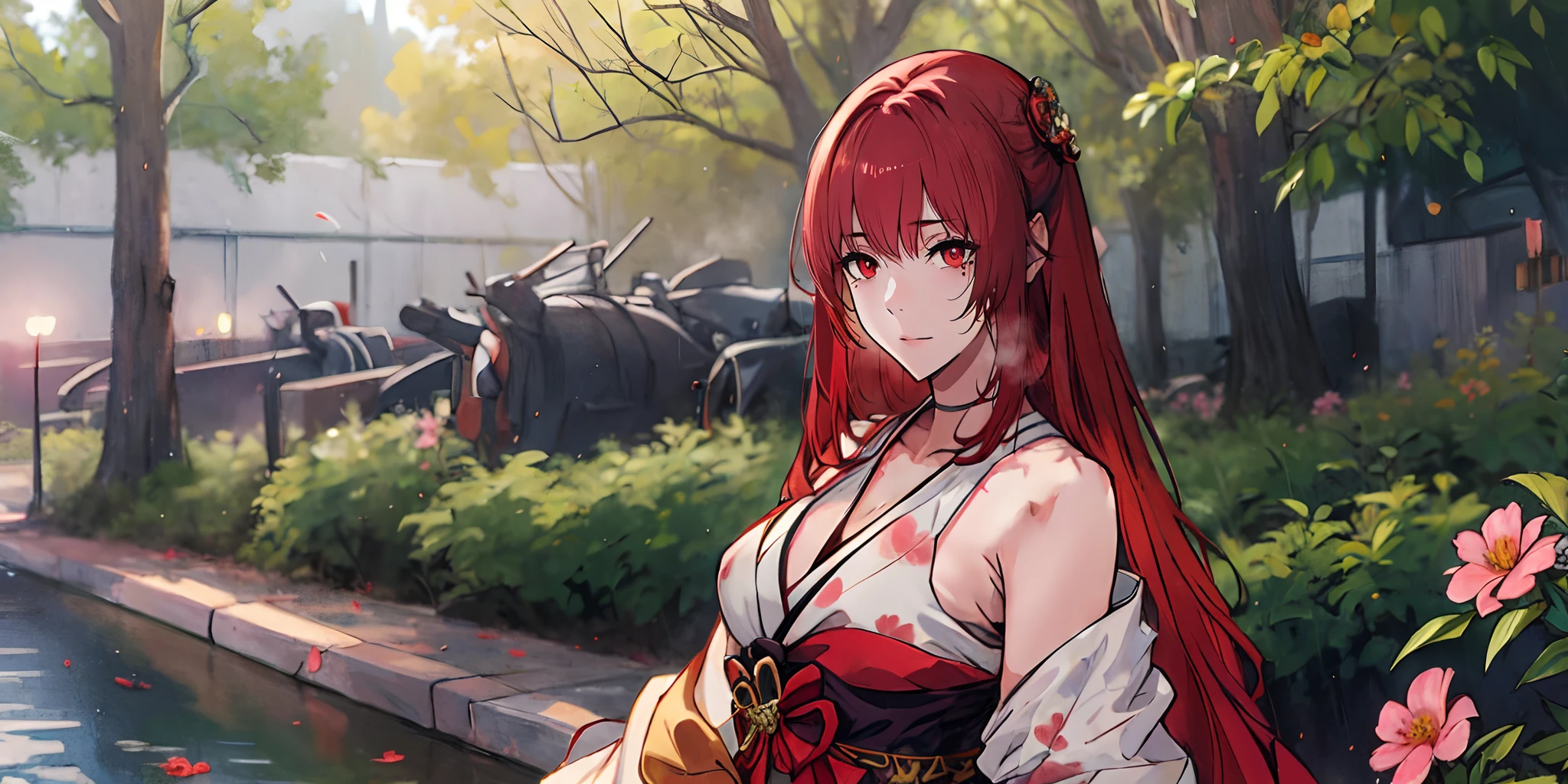 verapgr_rozen, (long hair, red hair, hariband:1.5), (red eyes:1.5), breasts, epic art, fantasy, 1girl, flower, japanese_clothes, kimono, solo, pink_flower, sash, day, obi, tree, outdoors, long_sleeves, breasts, upper_body, parted_lips, wide_sleeves, looking_at_viewer, glow effects, godrays, Hand drawn, render, 8k, octane render, cinema 4d, blender, dark, atmospheric 4k ultra detailed, cinematic, Sharp focus, big depth of field, Masterpiece, colors, 3d octane render, 4k, concept art, trending on artstation, hyperrealistic, Vivid colors, extremely detailed CG unity 8k wallpaper, trending on CGSociety, Intricate, High Detail, dramatic, anime coloring, anime screencap, steaming body, fog, heavy breathing, nsfw art,