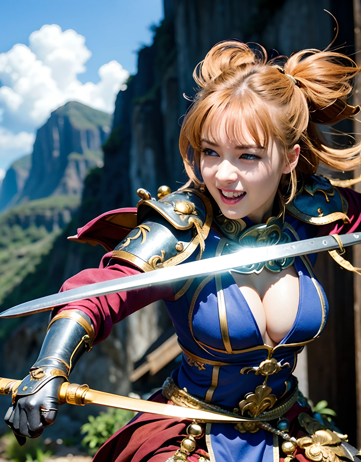 Professional , ​masterpiece、top-quality、photos realistic , 、top-quality、超A high resolution、(Photorealsitic:1.4)、Raw photo、depth of fields （Gemstone Gold Metal Body:1.9),(Matte White、Toostock、cleavage of the breast、（cleavage of the breast）、（Detailed Dragon Armor）、（Have the strongest weapon）、（(Random Hairstyles 1.6),Dark Fantasy,）explosions、intense fighting、（Precipitous cliffs),Dragon Gold Weapon,Mystical expression、Particles of light、Fight dragons、（Detailed Dragon Helmet),Gorgeous Silver Weapons ,（（ Dragon's dense and gorgeous sword）） , Beautiful knife   ,warhammer 40k ,Detail and gorgeous crown、（（Blue hair））、（Castle background）、、（（Gangle's forest background））、Beautiful Caucasian beauty、１a person、dynamic ungle,((()))、Smaller head、A smile、Castle background、Thin and beautiful female hands、cleavage of the breast、Soldier in iron armor on background、Mystical expression、Light Effects、intense fighting、Wind-effect、magic circles、With the legendary magic wand、（demonic wings）、Toostock、