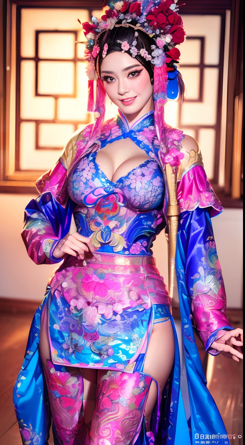 1girl, (Photoreal Stick:1.2), (Beautuful Women,Wearing Peking Opera costumes:1.4),Cowboy Shot、beautiful countenance、A detailed face、(kindly smile:1.2)、perfectly proportions、爆乳、Drop-shaped chest、big breasts thin waist、nabel、big butts、Crotch gap、Large Thigh、(dynamicposes:0.5)、(Zentangle,3d rendered), (highly colorful, Best Quality, Detailed details, masutepiece, offcial art, Movie Light Effects, 4K),