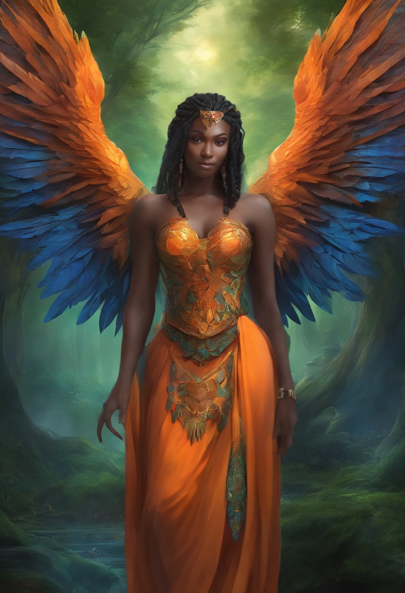 Black Demon Beautiful Male Black Man with Blue and Orange Details, Large Wings, Forest in the Background, Vibrant Colors, Full Body, Detailed Face, Detailed Hands, Detailed Legs, Detailed Fingers, Detailed Hair, Detailed Eyes, Detailed Skin, Lush Vegetation Blurred Background, Vibrant Colors, Lush Light, Soft Light, Sunset Light, Smooth Light, Symmetrical, Full Body, Reflections, HDR Dynamic Lighting, 8K Resolution, cinematic film, smooth, sharp focus, realistic, strobe light beams, ((blurred background)):1.7, (((depth of field)) ):1.8, cinestill 800t 35mm, high quality, heavy grain, high detail, cinematic composition, dramatic light, anamorphic, ultra wide lens, hyperrealistic