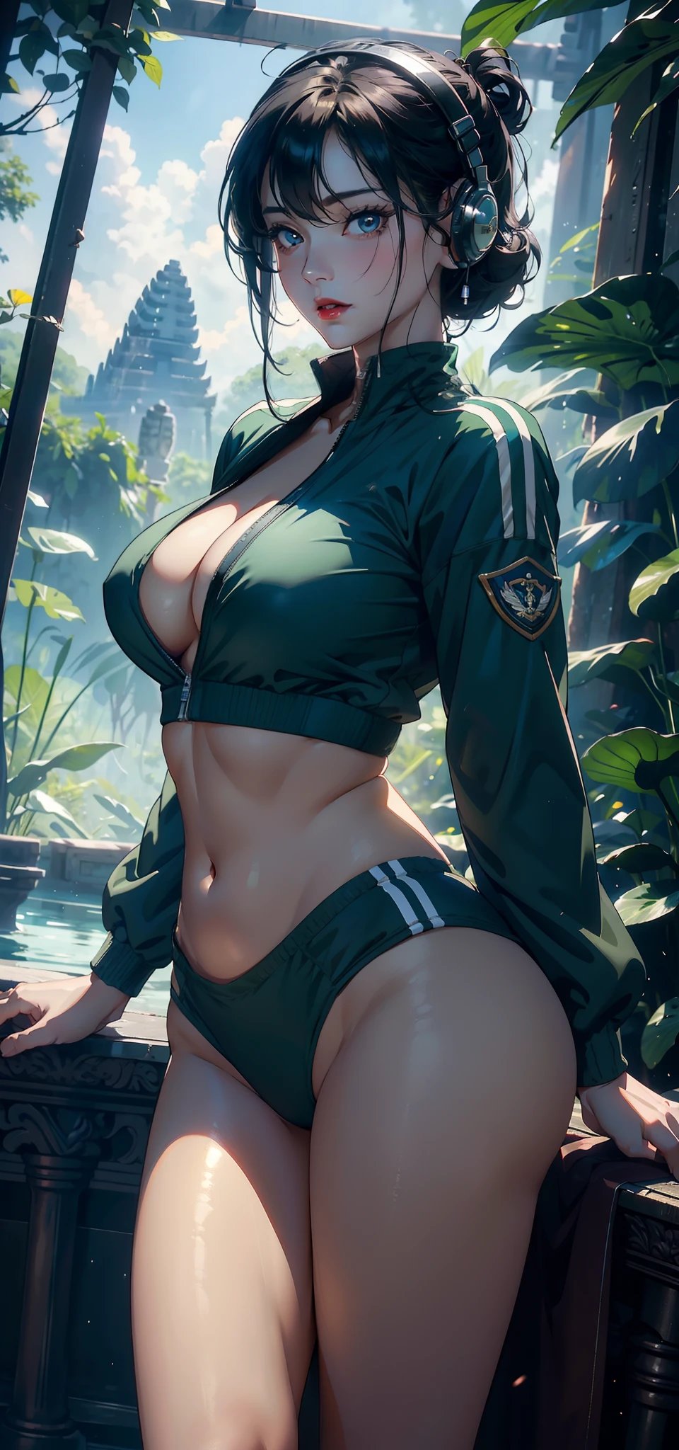 1female,45 yers old,Married Woman,熟妇,mature,plumw,extremely large bosom,Big breasts Thin waist,long leges, 独奏,(Background with:,Angkor Wat,the rainforest,lotus flower,ponds) She has short black hair,bobo head,,seen from the front, standing in forest, mostly cloudy sky,(((tmasterpiece),(Very detailed CG unity 8K wallpaper),best qualtiy,cinmatic lighting,detailed back ground,beatiful detailed eyes,Bright pupils,Black eyes,Snow-whiteskin,Redlip(Very fine and beautiful),(Beautiful and detailed eye description),ultra - detailed,tmasterpiece,))facing at camera,A high resolution,ultra - detailed),revealing breasts,Bare genitalia, Bulge,legs are open,Raised sexy,Camel toes,Flushed complexion,Desire for dissatisfaction,frontage,us airforce(Wearing:,headset on head,green colored bomber jacket,athletic sneakers)