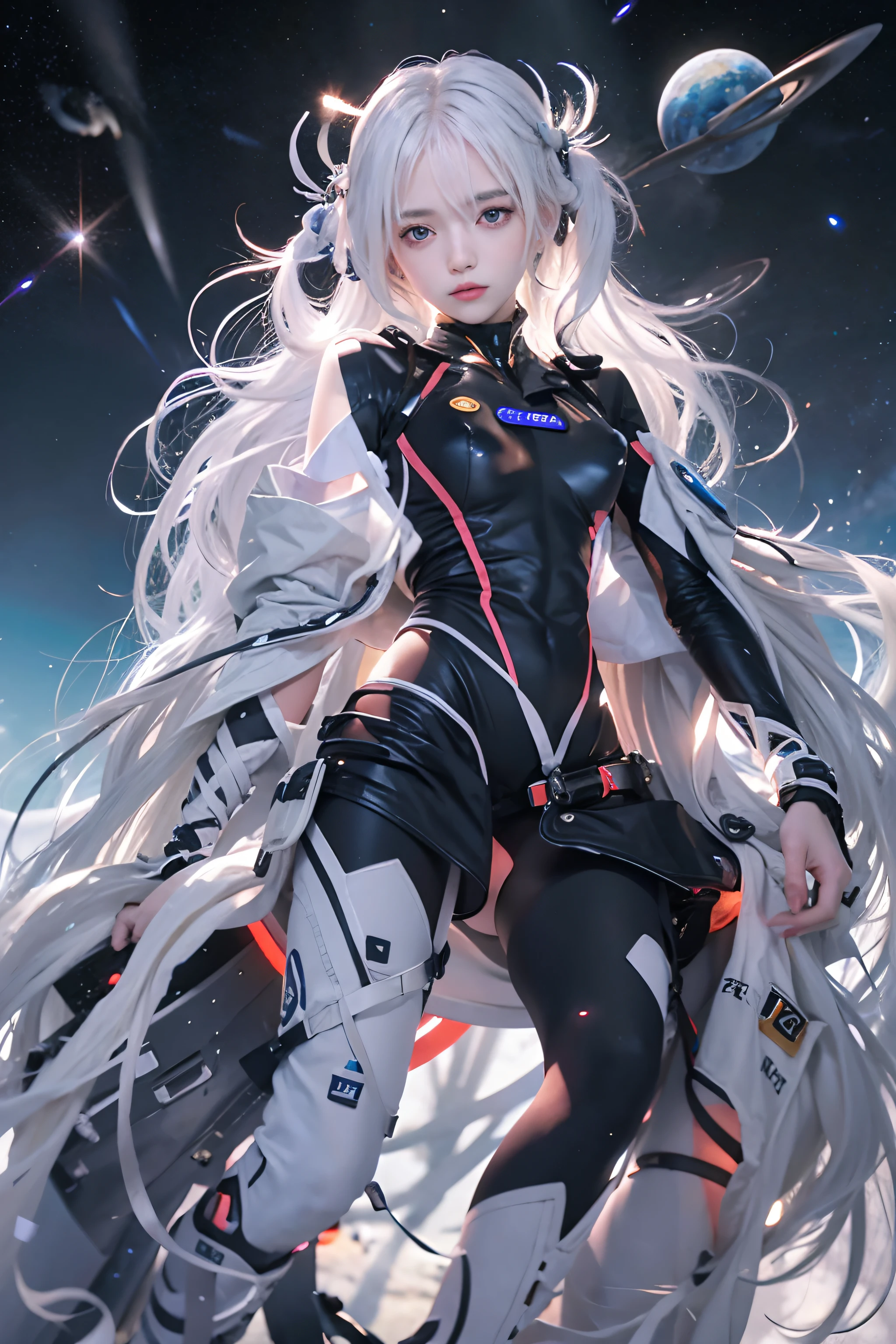 1girl in、White hair、kosmos、Black spacesuit、Evangelion、Milky Way