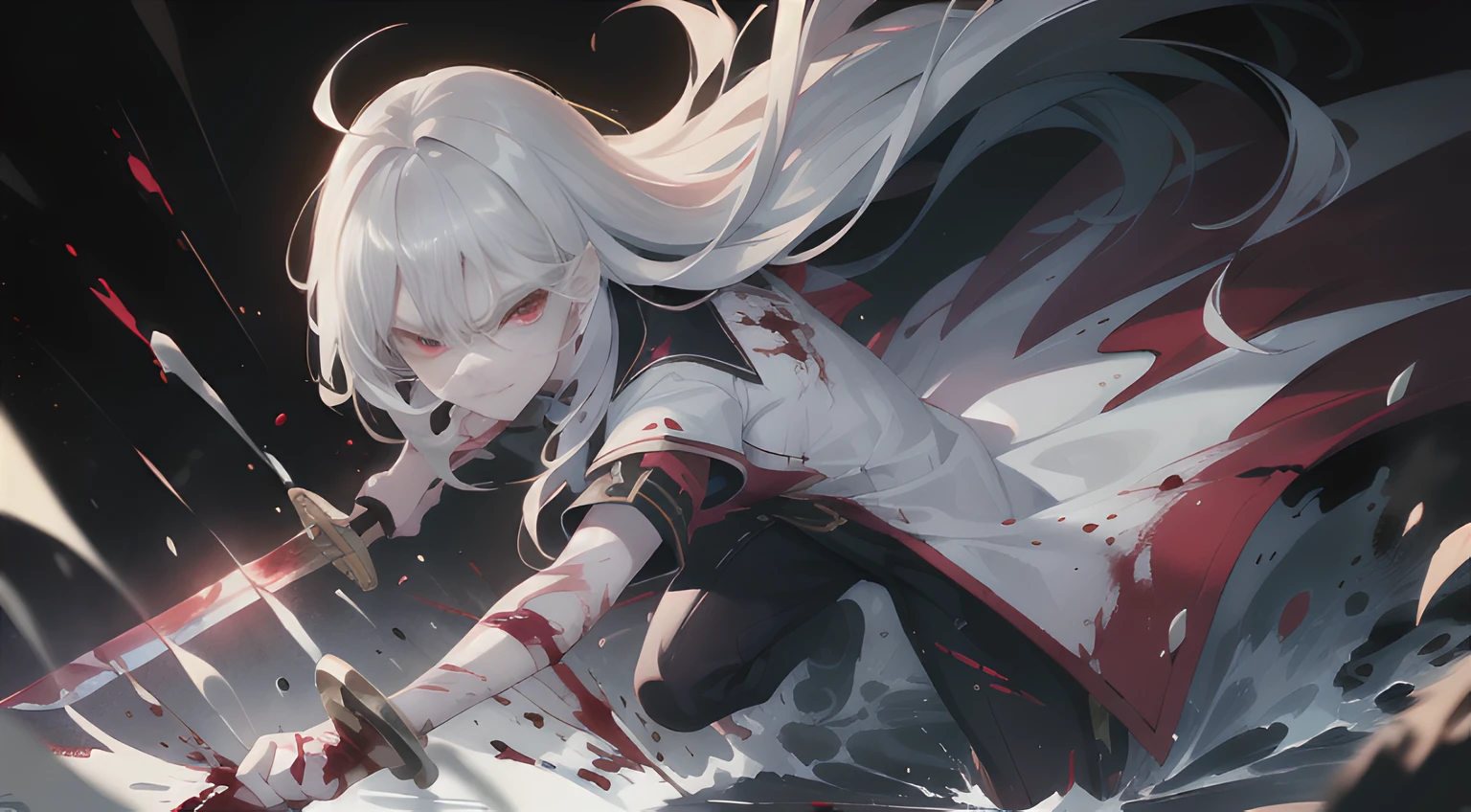 (masterpiece, best quality, amazing:1.4), ((1girl)), finely detail, depth of field, extremely detailed CG unity 8k wallpaper, dark background, dramatic lighting, dynamic angle, (dynamic pose:1.2), full body, (perfect anatomy), perfect hand, (white hair), red streaked hair, (red eyes), (((with sword))), angry face, (smirking), unamused, beautiful detailed eyes, (blood drop), blood fog, floating hair, light shafts, soft focus, (character focus), (disheveled hair), long bangs, hairs between eyes, looking at viewer, glowing hair, floating, (splashing blood), long hair, (bloodstain), (battle scars), menacing