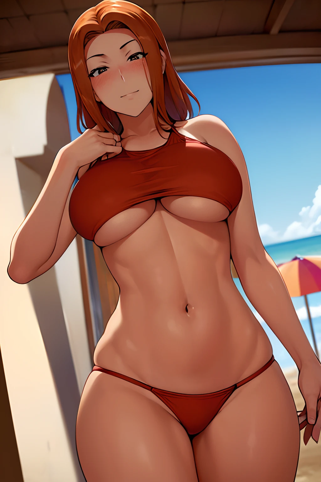 (masterpiece:1.1)、(top-quality:1.1)、full body Esbian、shorth hair、Good anatomy、(1girl in:1.2)、(detailed faces and eyes:1.25)、orange color hair、brown haired、Brown-eyed、(huge-breasted、thighs thighs thighs thighs、thighs thighs thighs thighs:1.2)、looking at the viewers、a matural female、side locks、Kyoka Tachibana、(red bikini:1.3), (the beach:1.3)、is standing、(A smile:1.3)、red blush、Bare arms、bare elbows、(View from the front:1.5),
