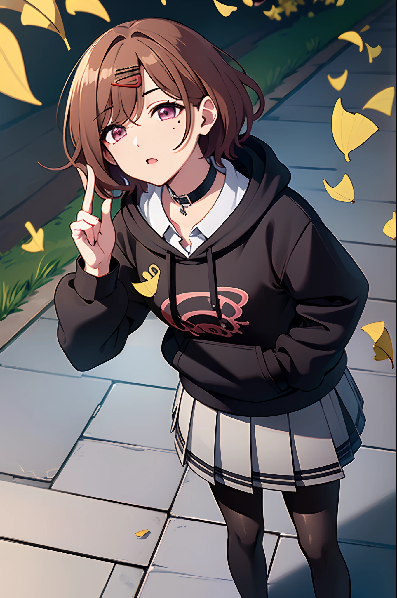 (((higuchi_madoka))),(((1girl))),(((Brown hair))),(((hair clips))),(((Mole under the eyes))),((short-hair))),(( (bangss))),(((Wearing a black hoodie))),(((Grey pleated skirt))),(((black pantyhose))),(((shirt with collar)))),((long-sleeve))) ,(((Purple eyes))),((Perfect hands)))(((Perfection Anatomy)))(Beautiful detailed eyes: 1.6)、(((extra detailed face)))、Walking、Yellow ginkgo tree-lined promenade、Yellow gingko leaves flutter in the wind、softlight、Rim Lights、超A high resolution、top-quality、magnifica、hightquality、Hi-Res、extremely details CG、masutepiece、Best Quality、ultra-detailliert、From  above、Looking at the sky、Epal look