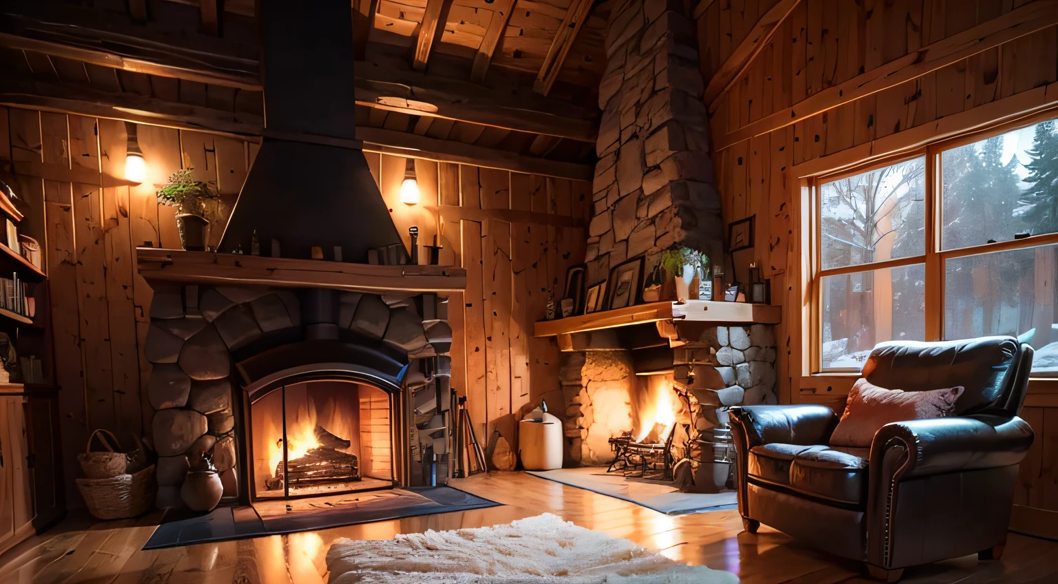 Tonight wooden house living room anime background, (Cozy atmosphere), (subtly lit), Bright stone fireplace fire, Lionskin rugs are of the best quality tonight, Clear glass windows