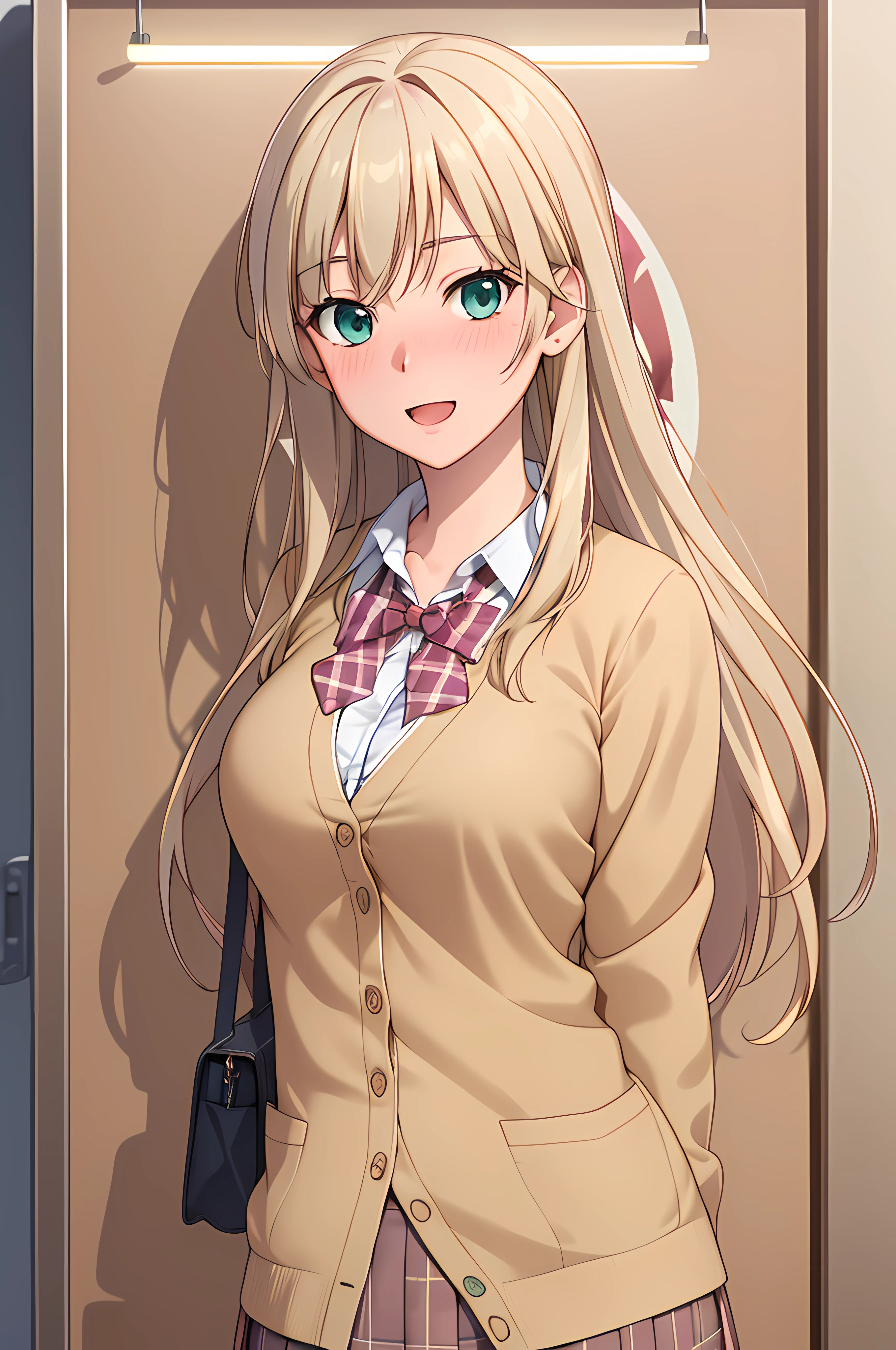 ((nsfw:1.8, masterpiece, best quality, highres, UHD, perfect pixel, depth of field, 4k, RTX, HDR)), 1girl, single, solo, beautiful anime girl, official art, beautiful artstyle, anime character, ((long hair, parted bangs, blonde hair)), (green eyes:1.4, rounded eyes, beautiful eyelashes, realistic eyes), (detailed face, blushing:1.2), (smooth texture:0.75, realistic texture:0.65, photorealistic:1.1, anime CG style), medium breasts, perfect body, busty, cleavage, (pov, close up), ((JK school uniform, plaid skirts, neck bowtie, cardigan)), natural light, indoor, classroom, school, smile, open mouth, leaning forward, hands behind back