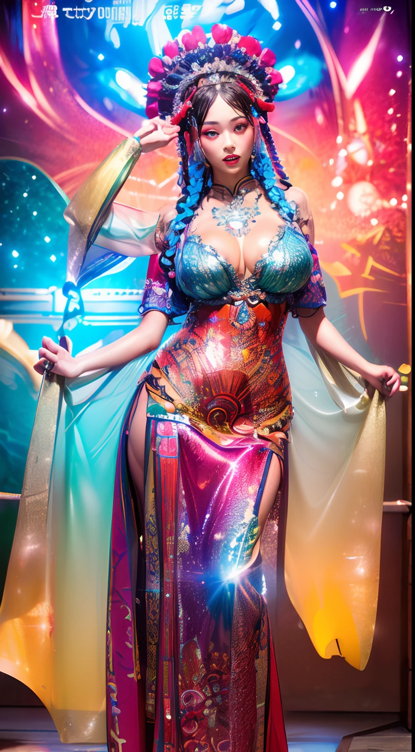 1girl in, (Photoreal Stick:1.2), (Beautuful Women,Wearing Peking Opera costumes)，Cowboy Shot、beautiful countenance、A detailed face、perfectly proportions、爆乳、big breasts thin waist、nabel、big butts、Crotch gap、Large Thigh、(Zentangle,3d rendered), (highly colorful, Best Quality, Detailed details, masutepiece, offcial art, Movie Light Effects, 4K),
