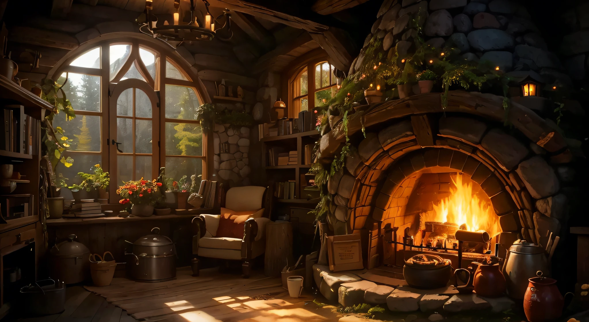 Cozy Hobbit house interior with fireplace, There is a comfortable bookshelf,It was full of books, A cozy coffee can and a coffee cup, A pile of firewood