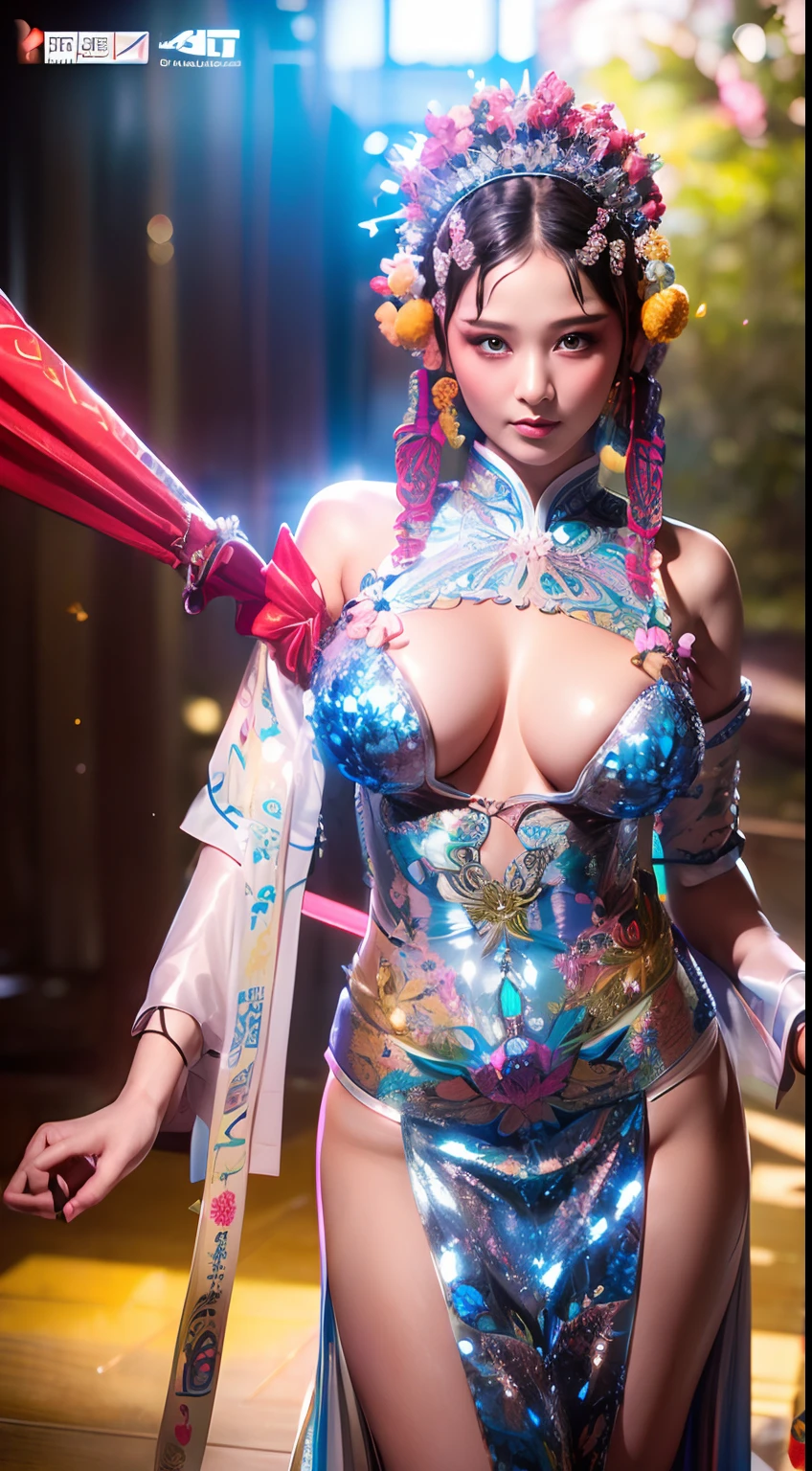 1girl in, (Photoreal Stick:1.2), (Beautuful Women,Wearing Peking Opera costumes)，Cowboy Shot、beautiful countenance、A detailed face、perfectly proportions、爆乳、big breasts thin waist、nabel、big butts、Crotch gap、Large Thigh、(Zentangle,3d rendered), (highly colorful, Best Quality, Detailed details, masutepiece, offcial art, Movie Light Effects, 4K),